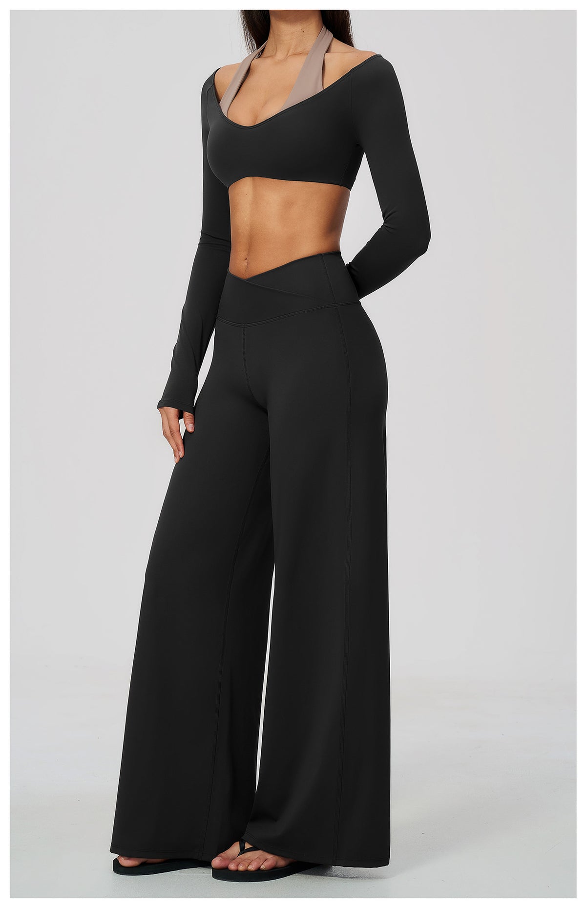 2 Piece Colorblock Halter Long Sleeve Cropped Yoga Top and Cross Waist Wide Leg Yoga Pants Set