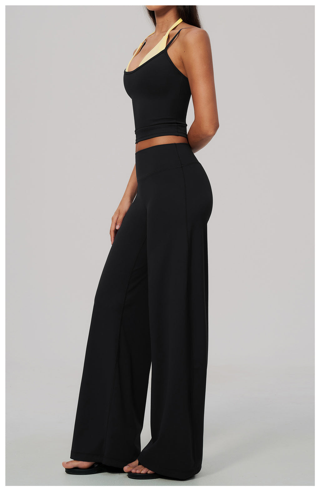 2 Piece Colorblock Double Strap Halter Yoga Vest and High Waisted Loose Fit Wide Leg Yoga Pants Set
