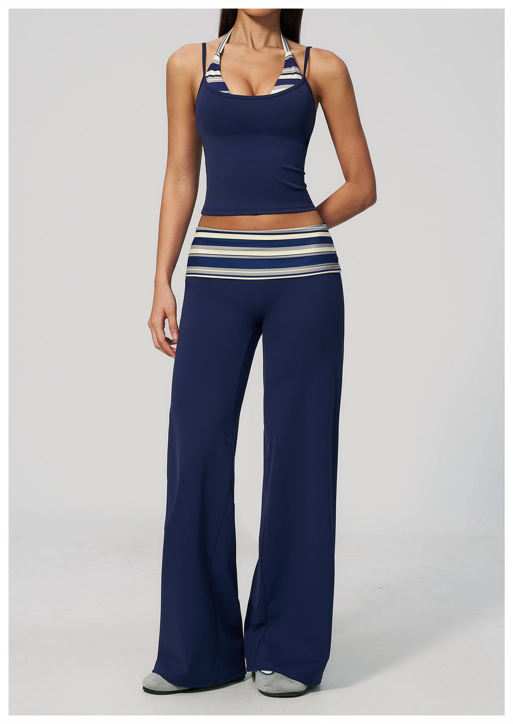 Women 2 Piece Yoga Set Halter Fake Two Piece Yoga Vest and Fold Over Striped Waist Wide Leg Workout Pants