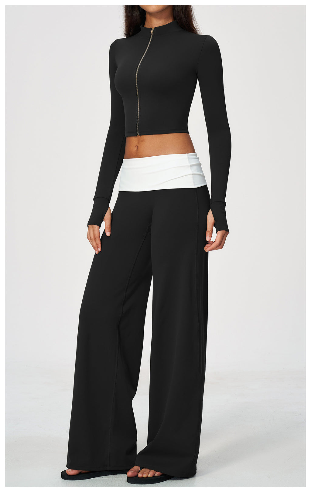 2 Piece Set Stand Collar Full Zip Cropped Running Yoga Workout Jacket and ColorBlock High Waisted Wide Leg Yoga Athletic Pants