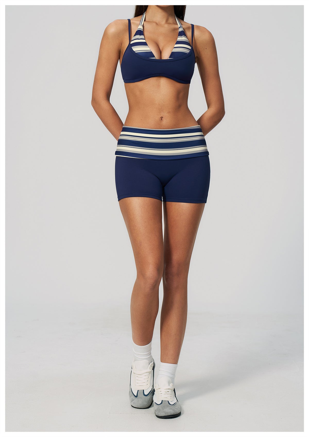 Women 2 Piece Yoga Set Halter Fake Two Piece Sports Bra and Fold Over Striped Waist Biker Shorts