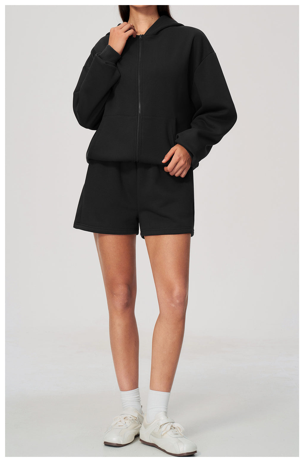 Women 2 Piece Fall Winter Tracksuits Fleece Lined Full Zip Oversized Hooded Jacket and Drawstring Waist Loose Sweat Shorts with Pocket