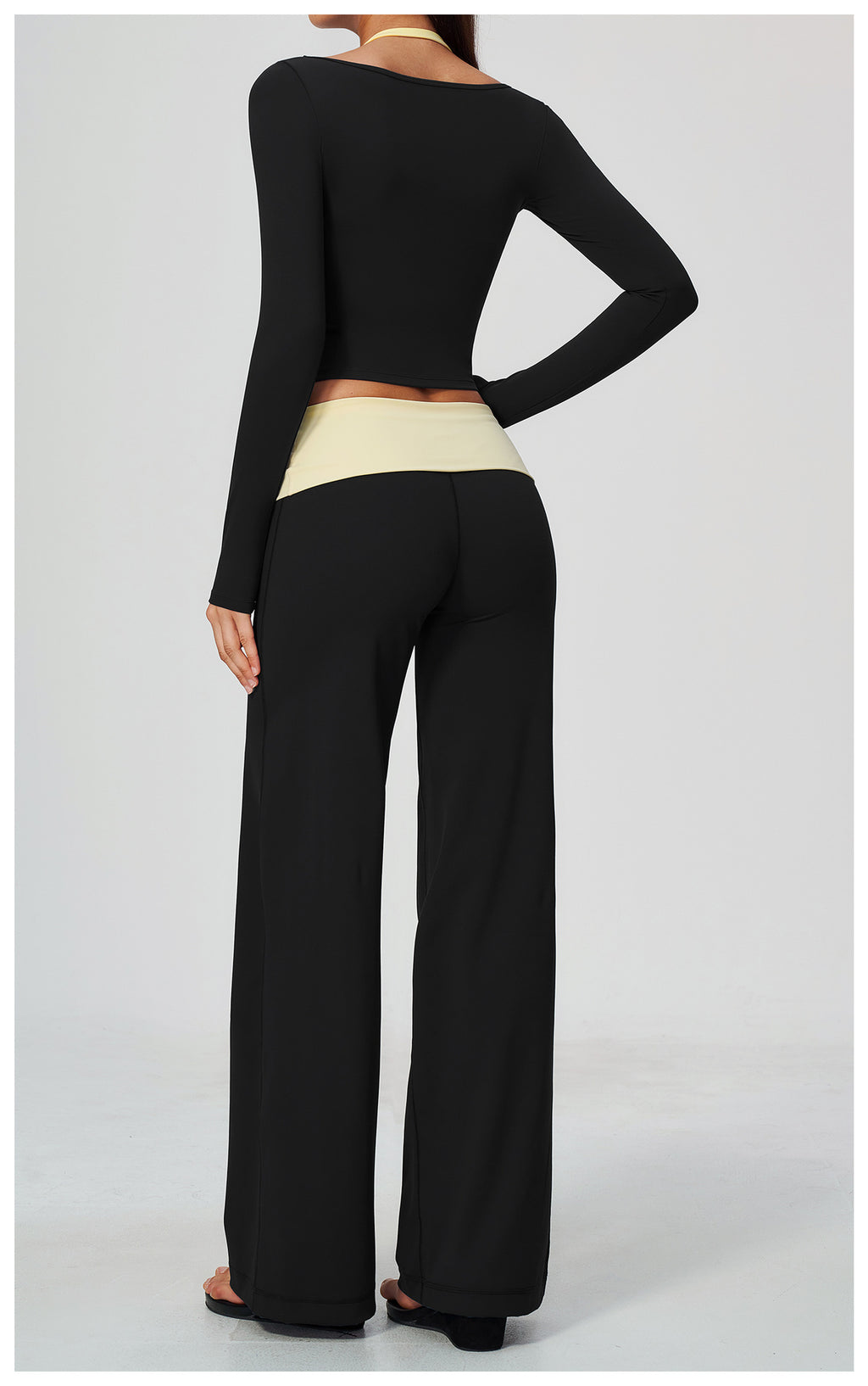 2 Piece Colorblock Double Strap Halter Long Sleeve Cropped Fitness Yoga Top and Foldover Waist High-Rise Loose Wide Leg Yoga Pants Set