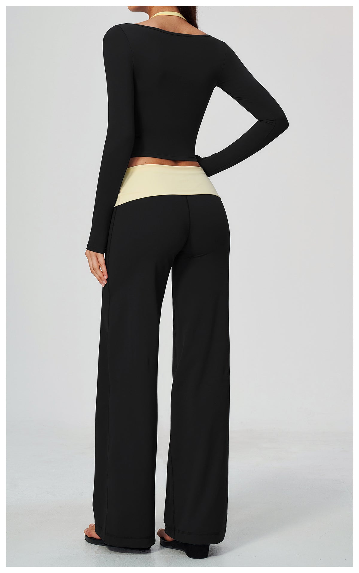 2 Piece Colorblock Double Strap Halter Long Sleeve Cropped Fitness Yoga Top and Foldover Waist High-Rise Loose Wide Leg Yoga Pants Set