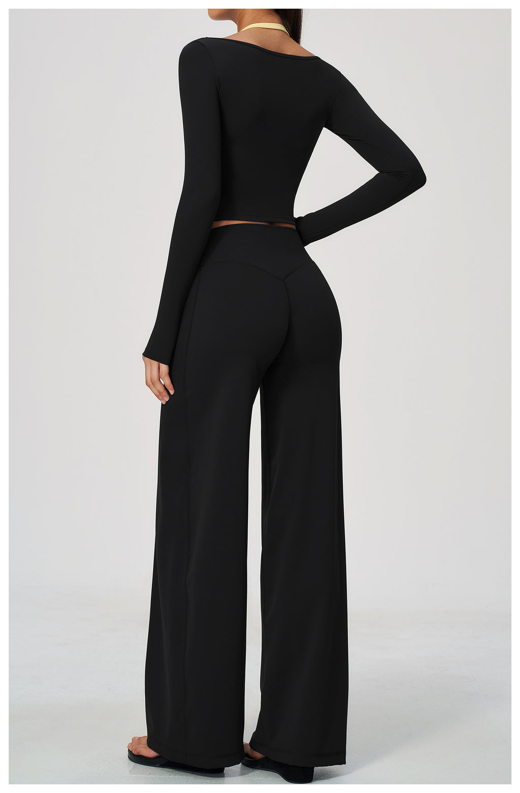 2 Piece Colorblock Double Strap Halter Long Sleeve Cropped Fitness Yoga Top and High Waisted Loose Fit Wide Leg Yoga Pants Set