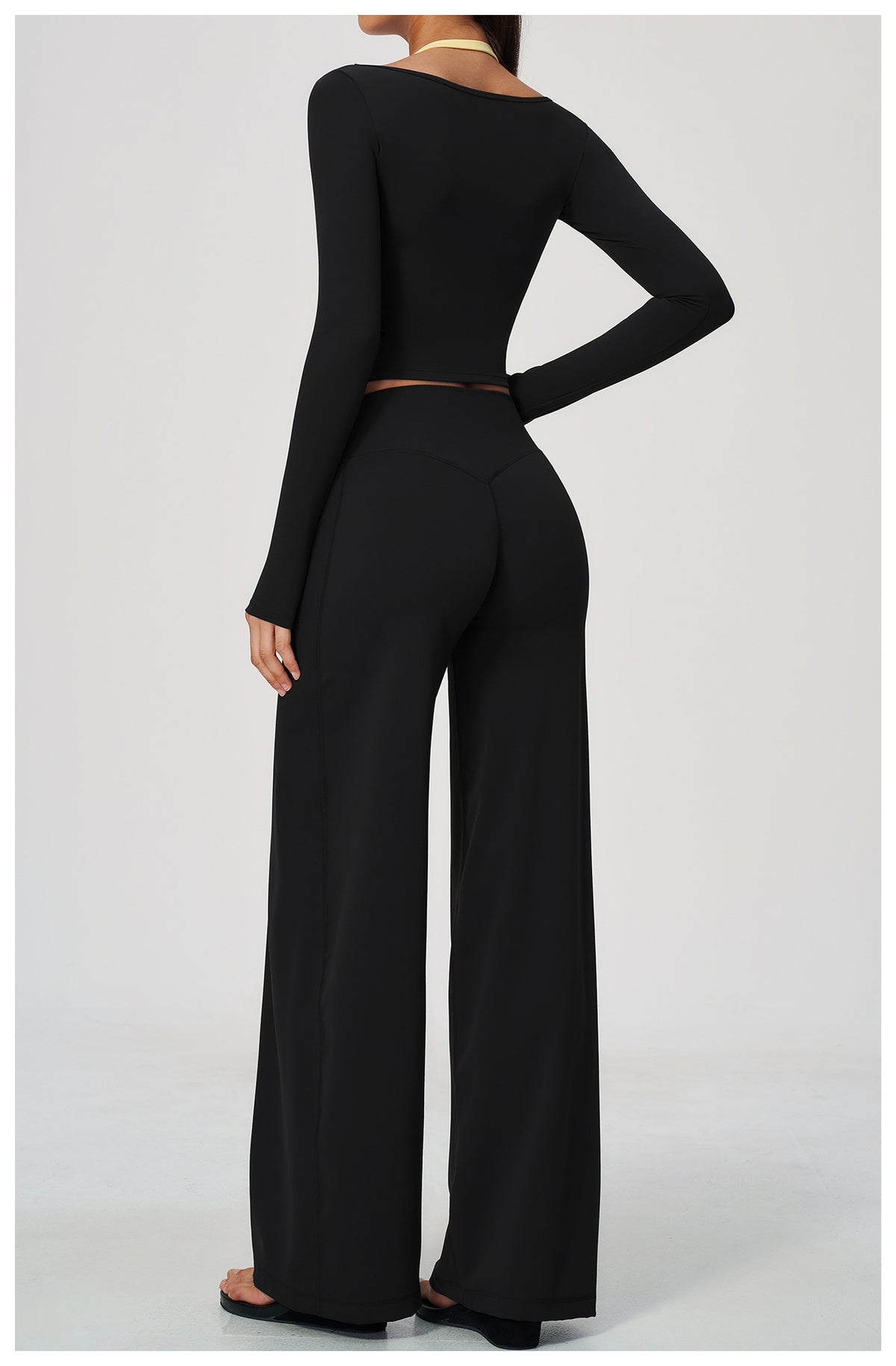 2 Piece Colorblock Double Strap Halter Long Sleeve Cropped Fitness Yoga Top and High Waisted Loose Fit Wide Leg Yoga Pants Set