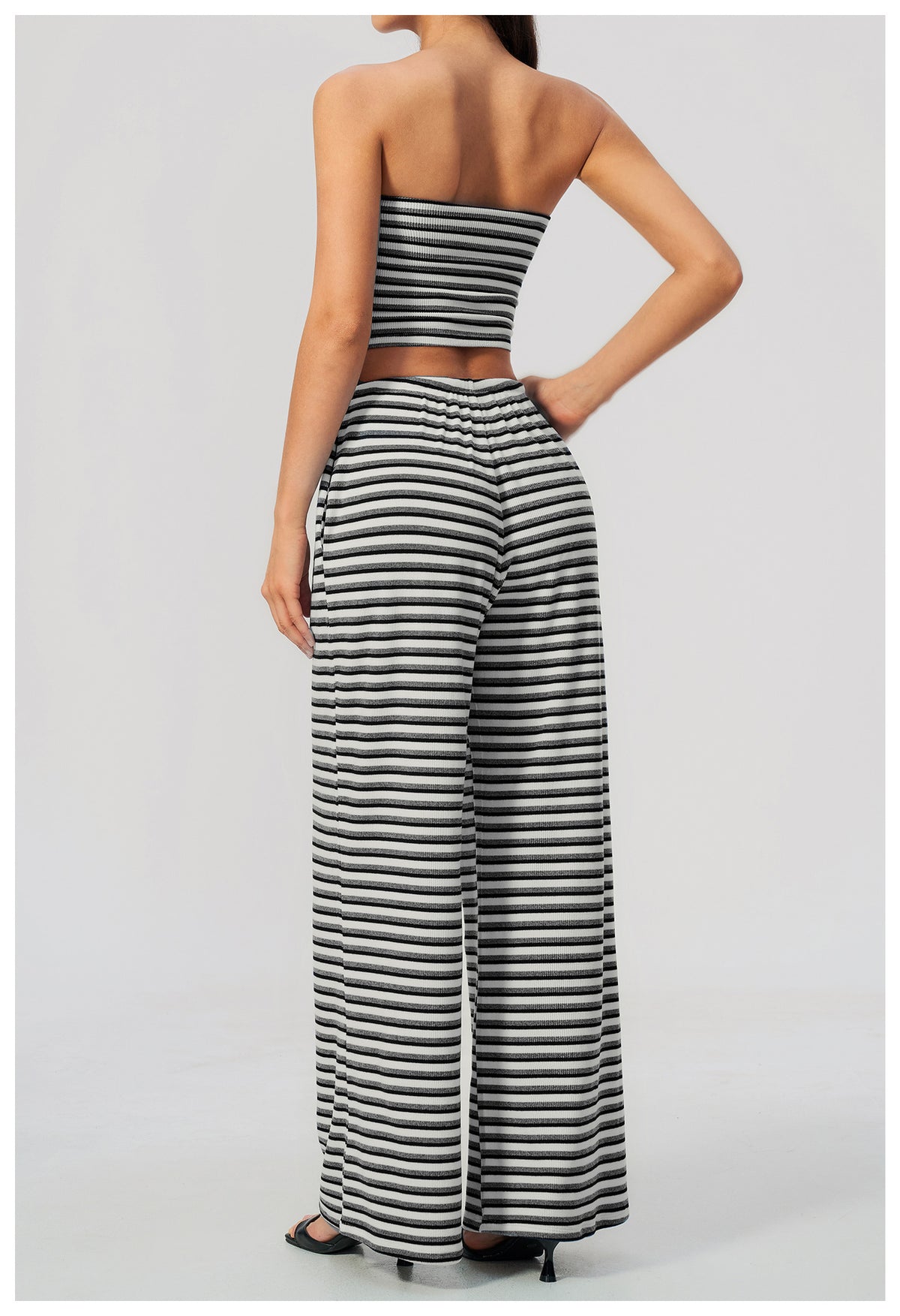 2 Piece Workout Loungewear Set Women Ribbed Striped Strapless Soft Tube Top and Elastic Drawstring Waist Wide Leg Pants with Pocket