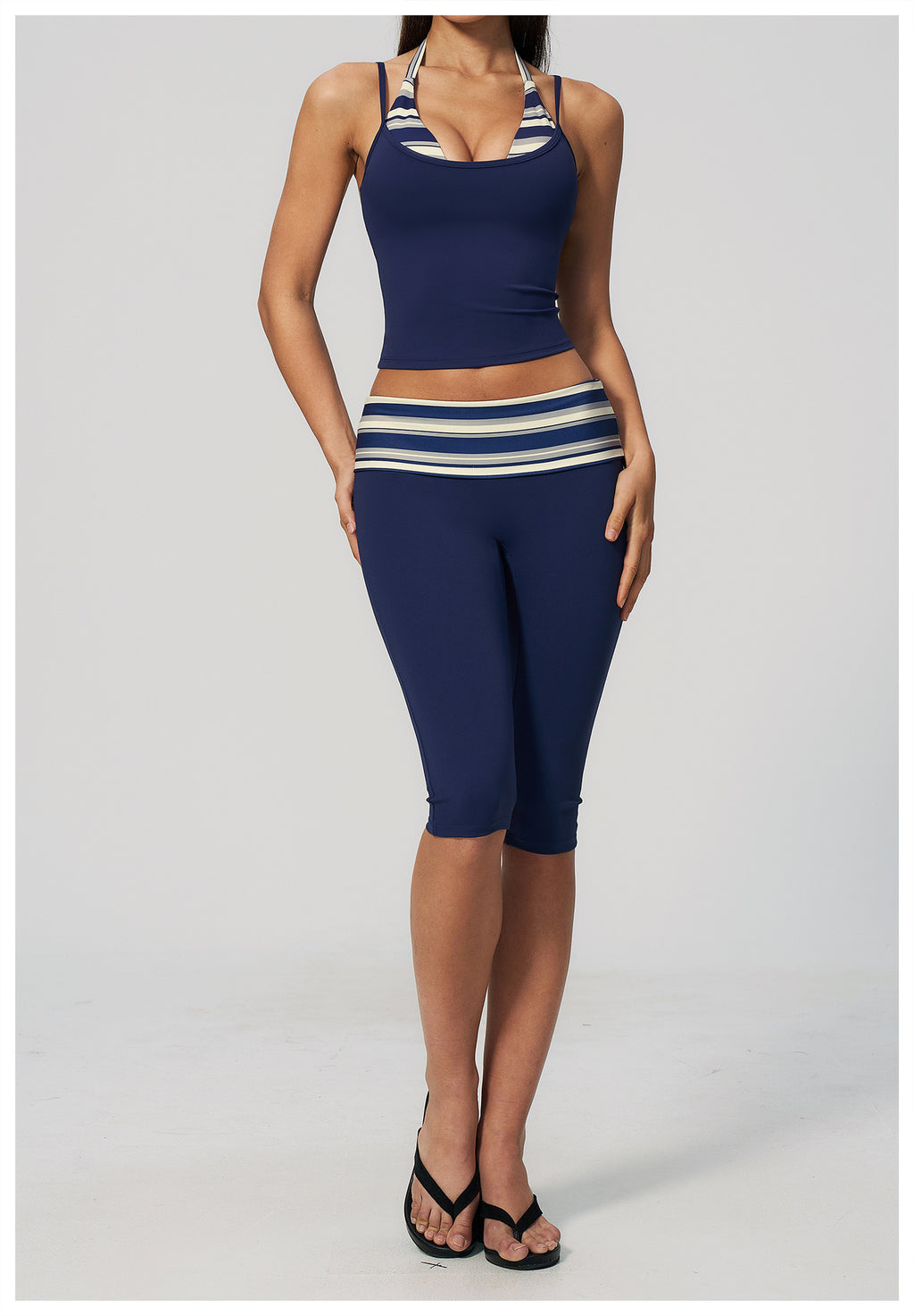 Women 2 Piece Yoga Set Halter Fake Two Piece Yoga Vest and Fold Over Striped Waist Capri Yoga Leggings