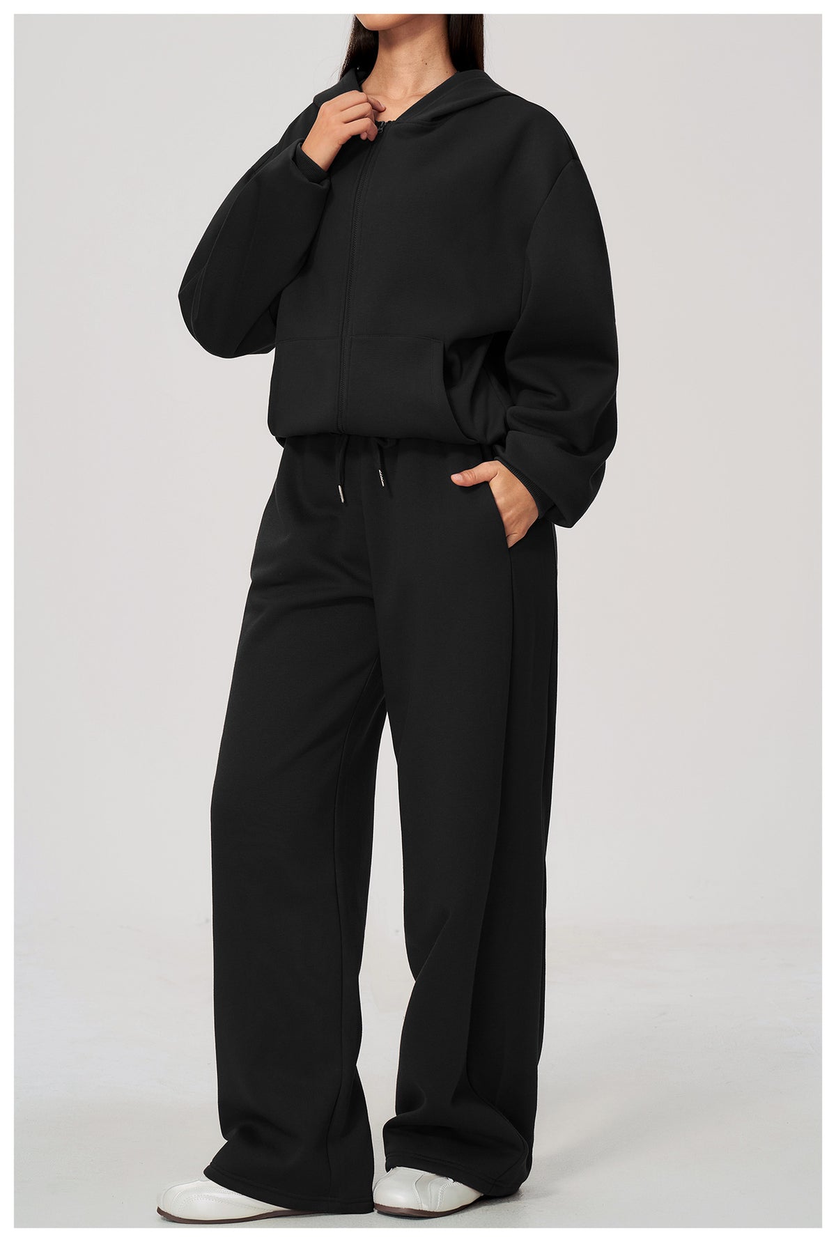 Women 2 Piece Fall Winter Tracksuits Fleece Lined Full Zip Oversized Hooded Jacket and Drawstring Waist Wide Leg Sweatpants with Side Pockets