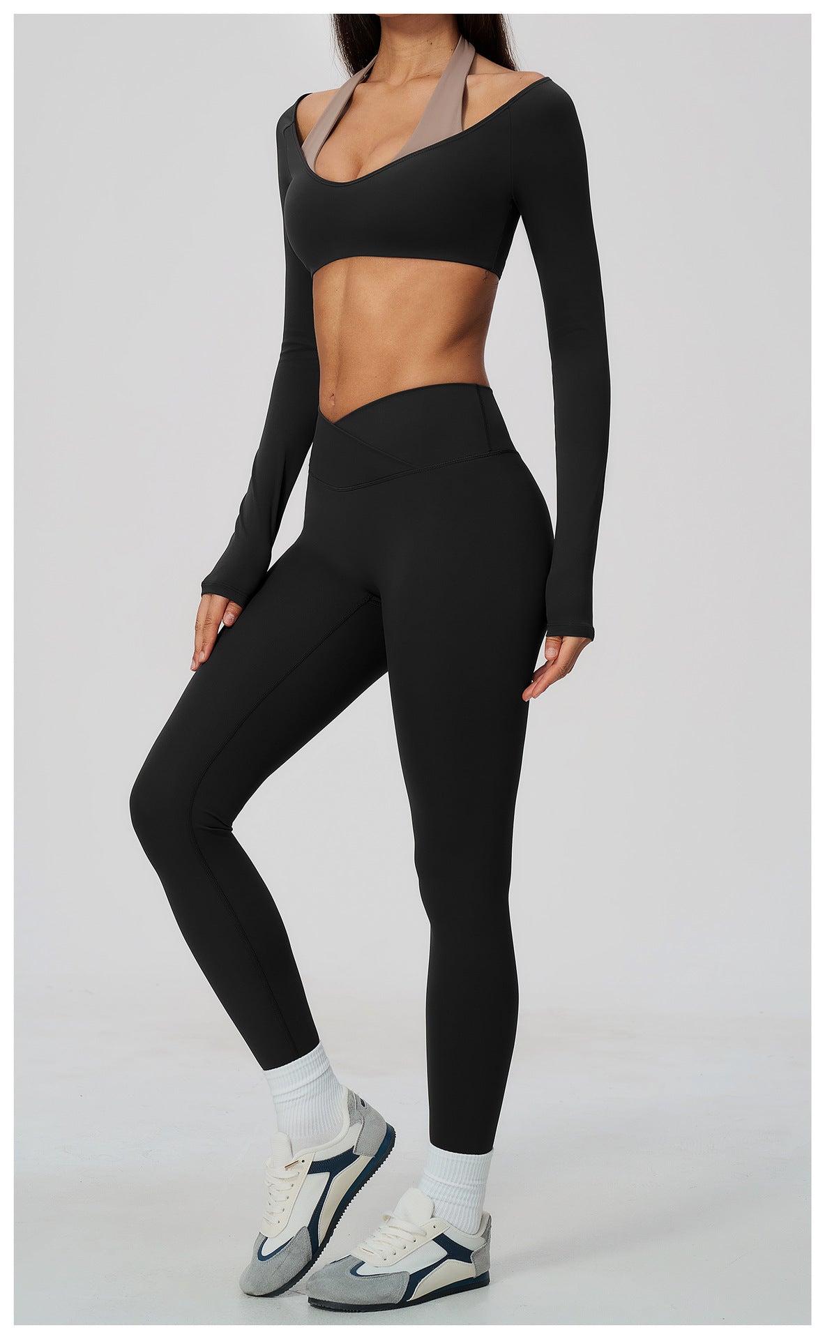 2 Piece Colorblock Halter Long Sleeve Cropped Yoga Top and Cross Waist Yoga Leggings Set