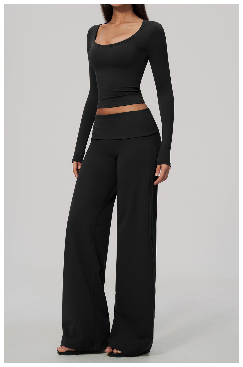 2 Piece Activewear Set U Neck Long Sleeve Crop Yoga Top with Removable Padded and High Waist Wide Leg Yoga Pants