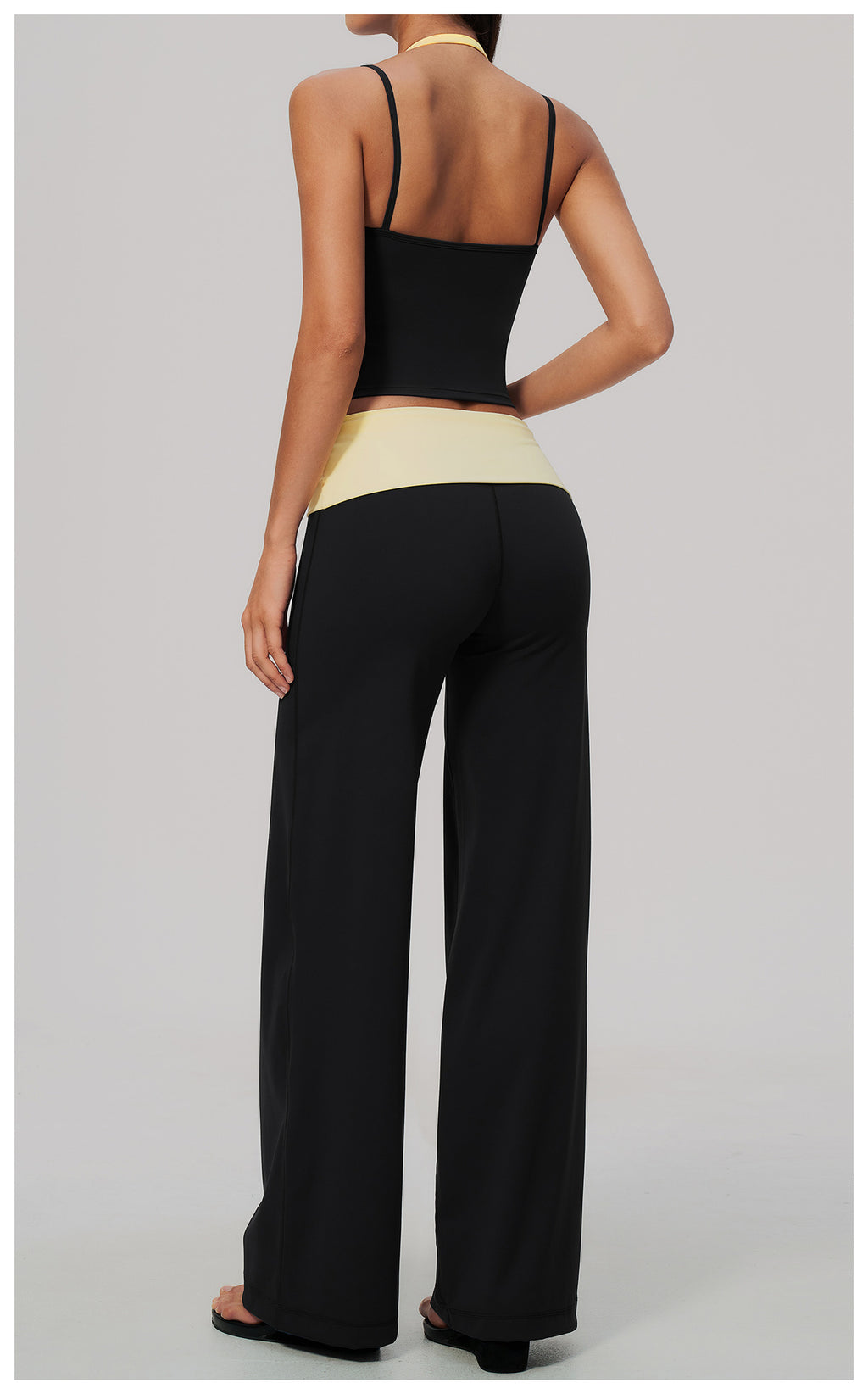 2 Piece Colorblock Double Strap Halter Yoga Vest and Foldover Waist High-Rise Loose Wide Leg Yoga Pants Set