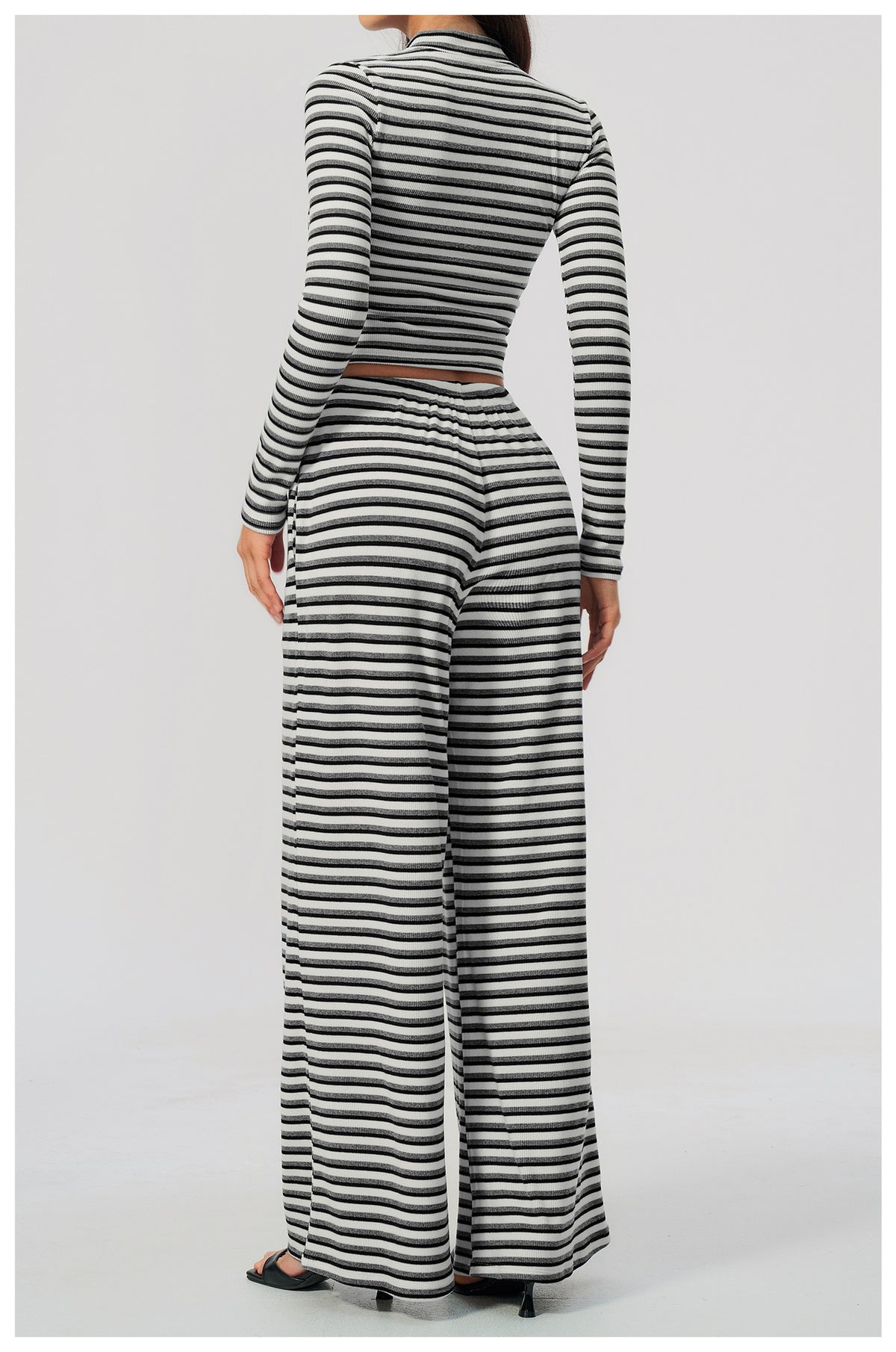 3 Piece Striped Yoga Set Long Sleeve Zip up Jacket Strapless Soft Tube Top Elastic Drawstring Waist Wide Leg Pants Workout Outfit Gym Running Sports Activewear Set
