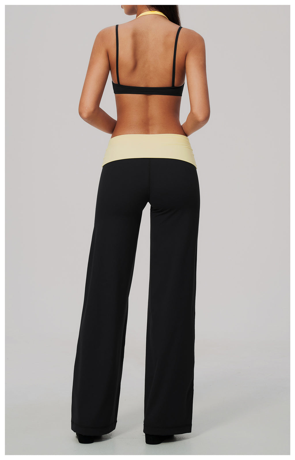 2 Piece Colorblock Double Strap Halter Sports Bra and Foldover Waist High-Rise Loose Wide Leg Yoga Pants Set