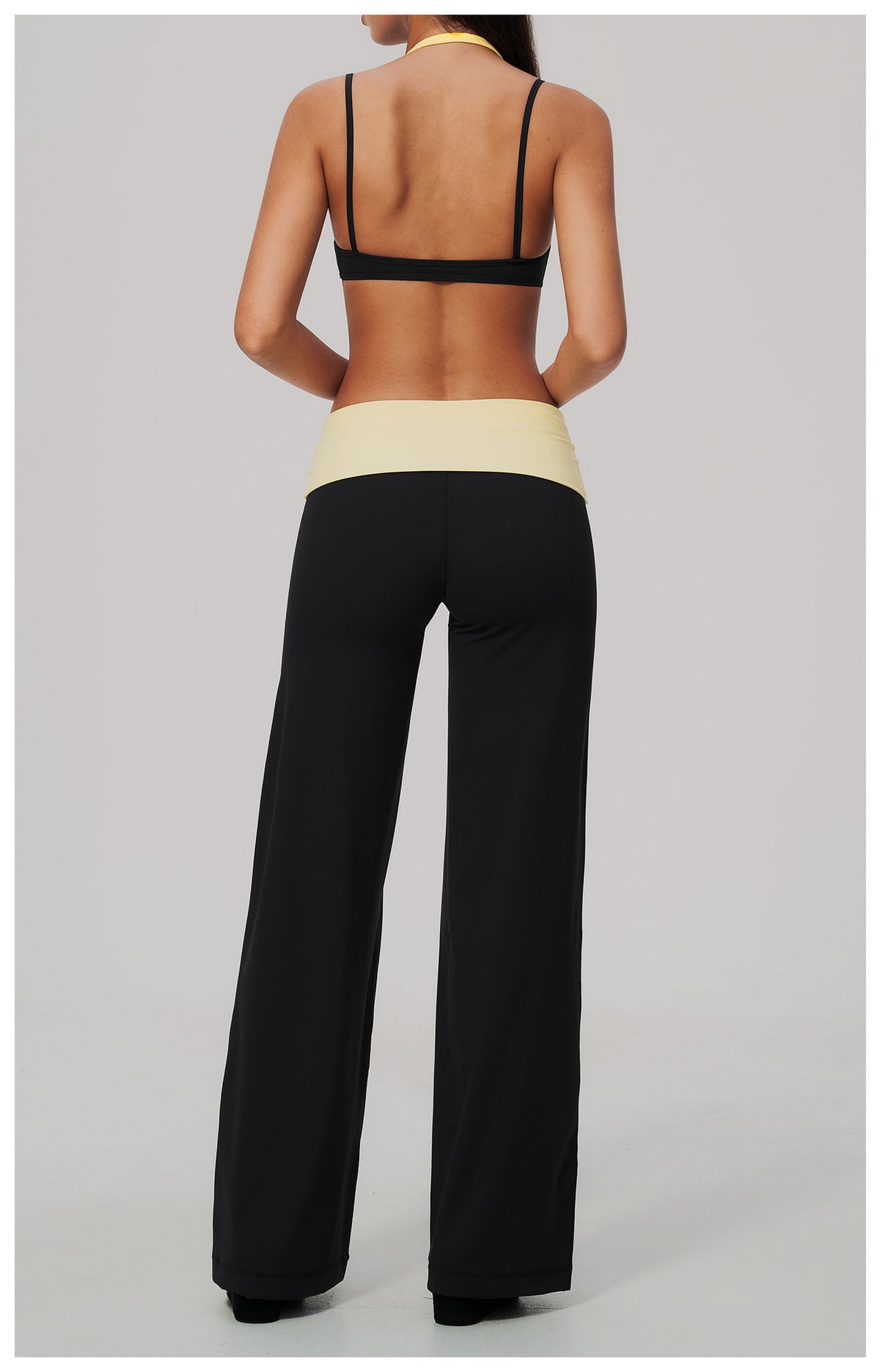 2 Piece Colorblock Double Strap Halter Sports Bra and Foldover Waist High-Rise Loose Wide Leg Yoga Pants Set