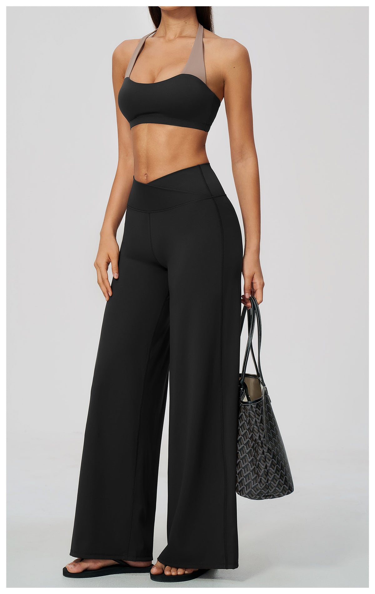 2 Piece Colorblock Halter Sports Bra and Cross Waist Wide Leg Yoga Pants Set