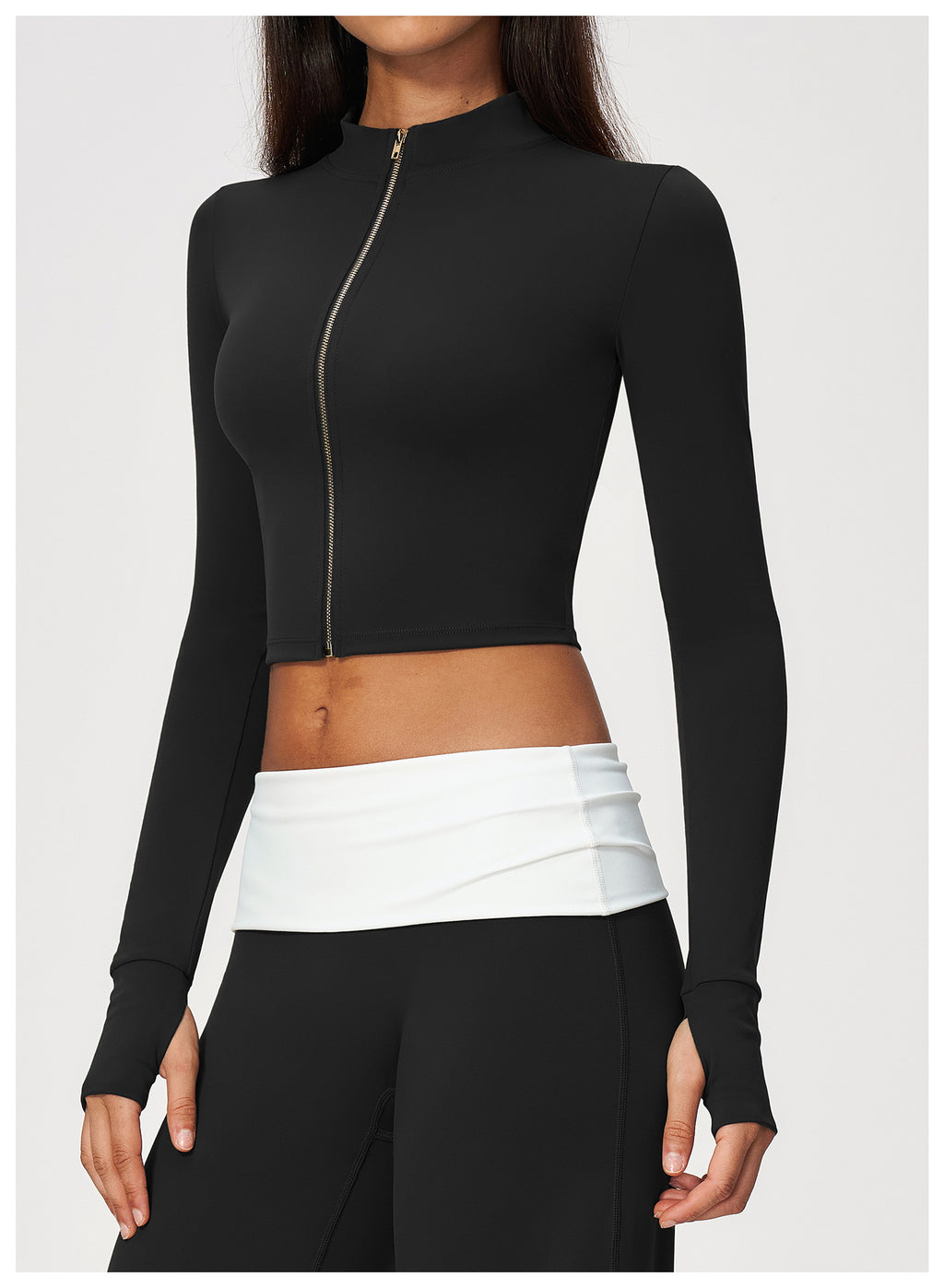 Women Stand Collar Full Zip Cropped Running Yoga Workout Jacket with Thumb Holes