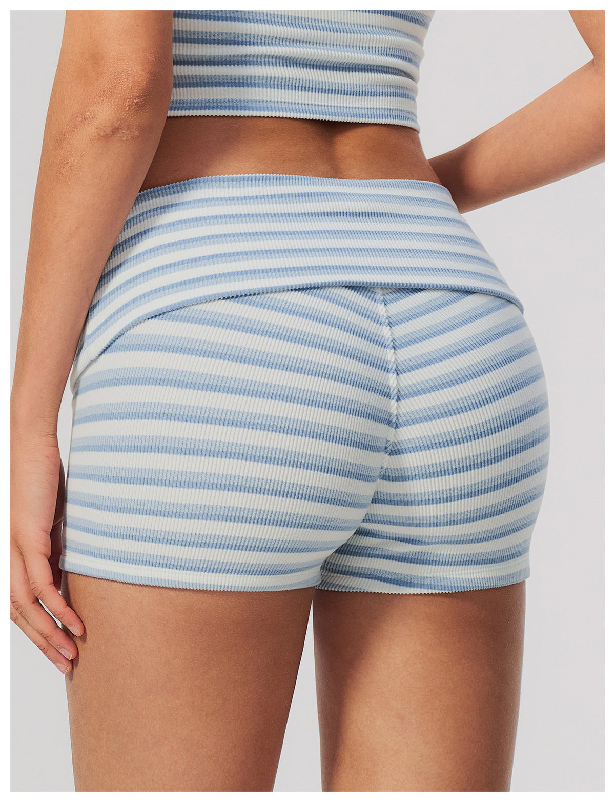 Women Ribbed Striped Fold Over High Waist Yoga Biker Shorts