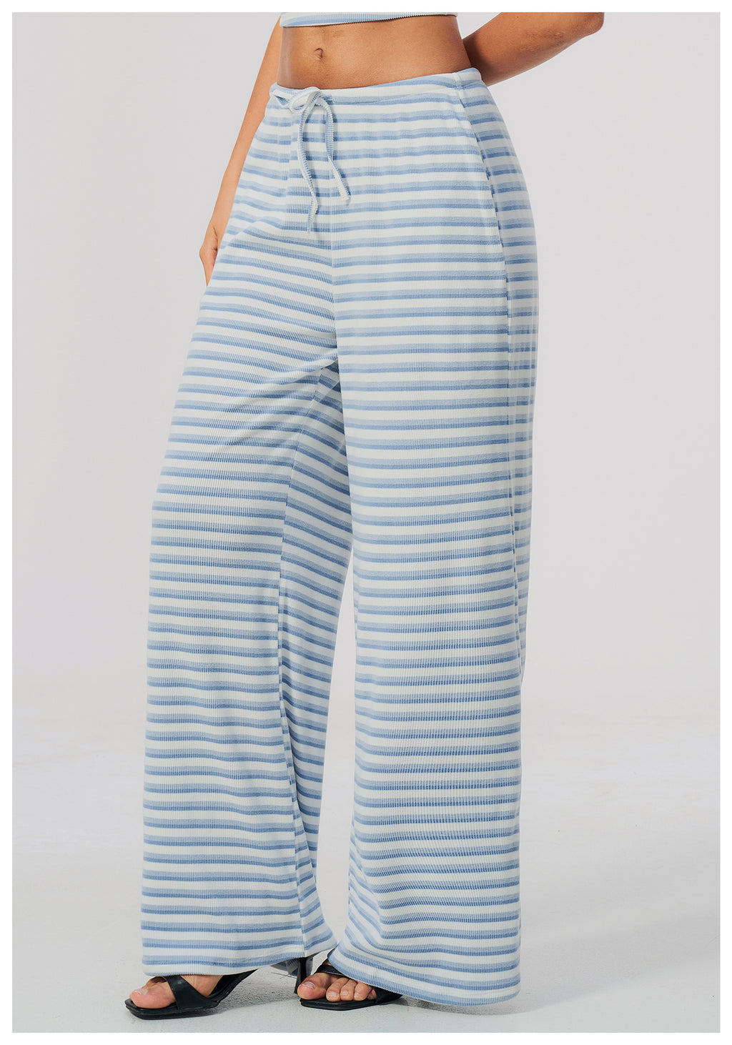 Women Ribbed Striped Wide Leg Pants Elastic Drawstring Waist Casual Loose Trousers With Pockets