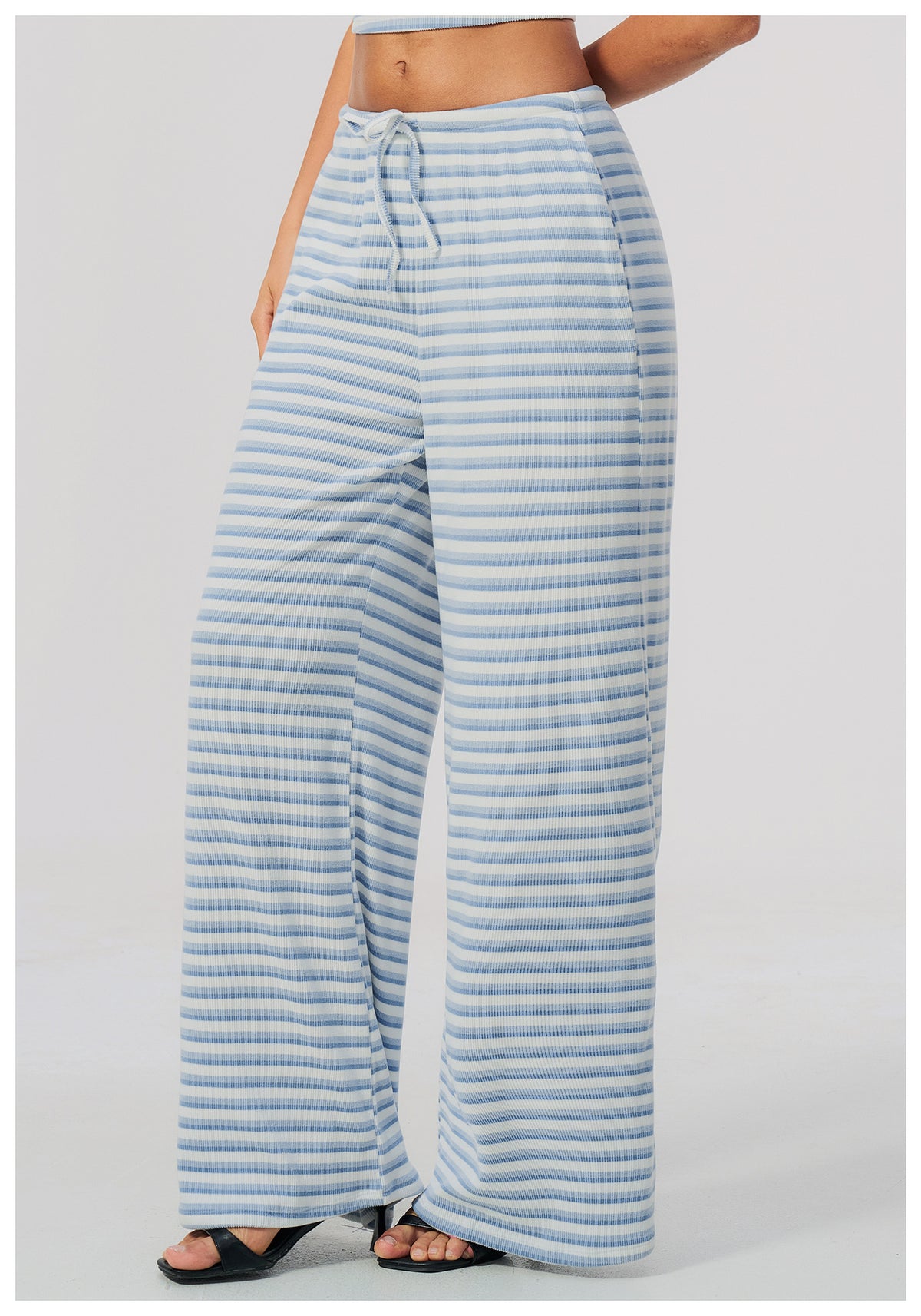 Women Ribbed Striped Wide Leg Pants Elastic Drawstring Waist Casual Loose Trousers With Pockets