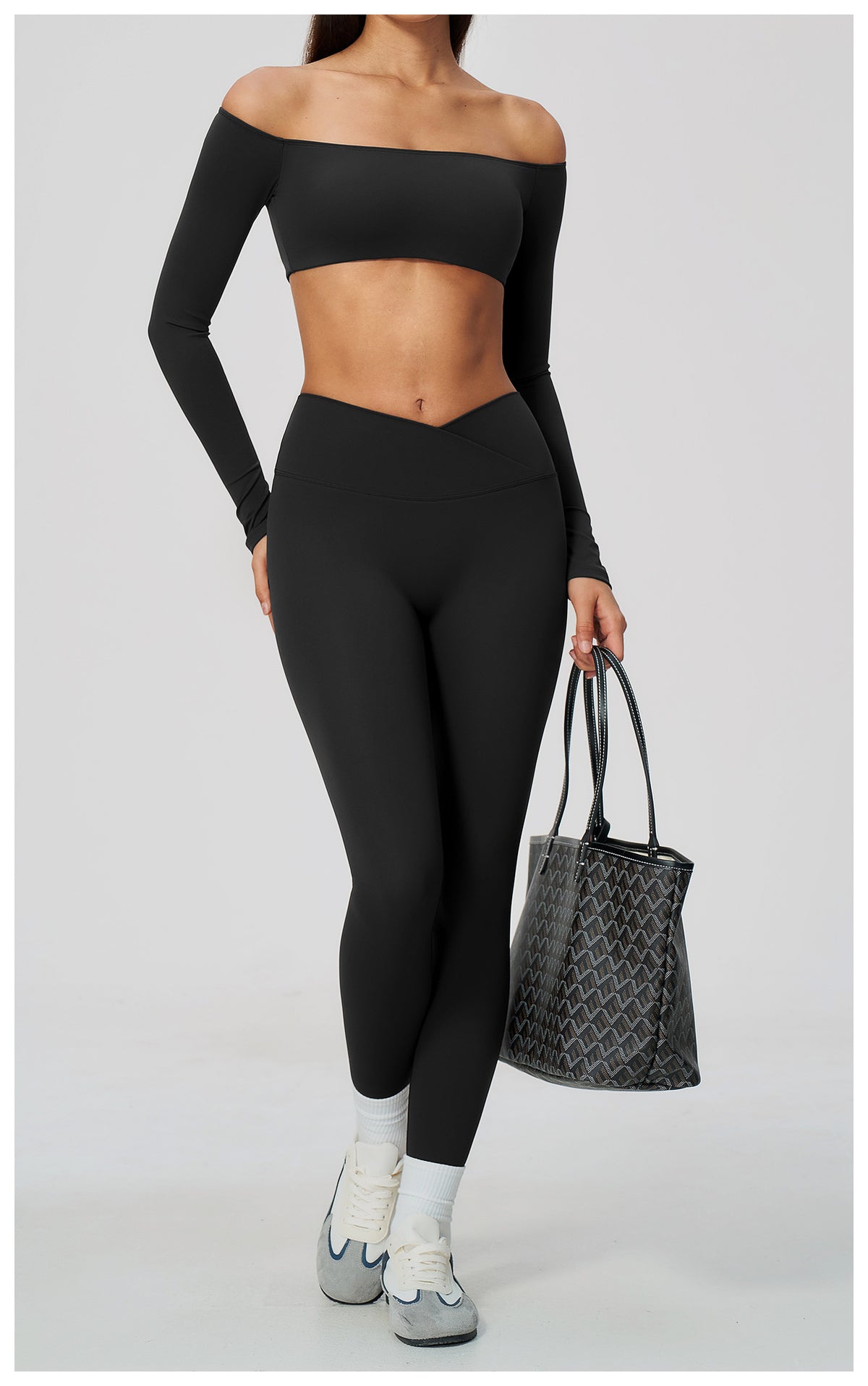 2 Piece Off-The-Shoulder Long Sleeve Crop Top and Cross Waist Yoga Leggings Set