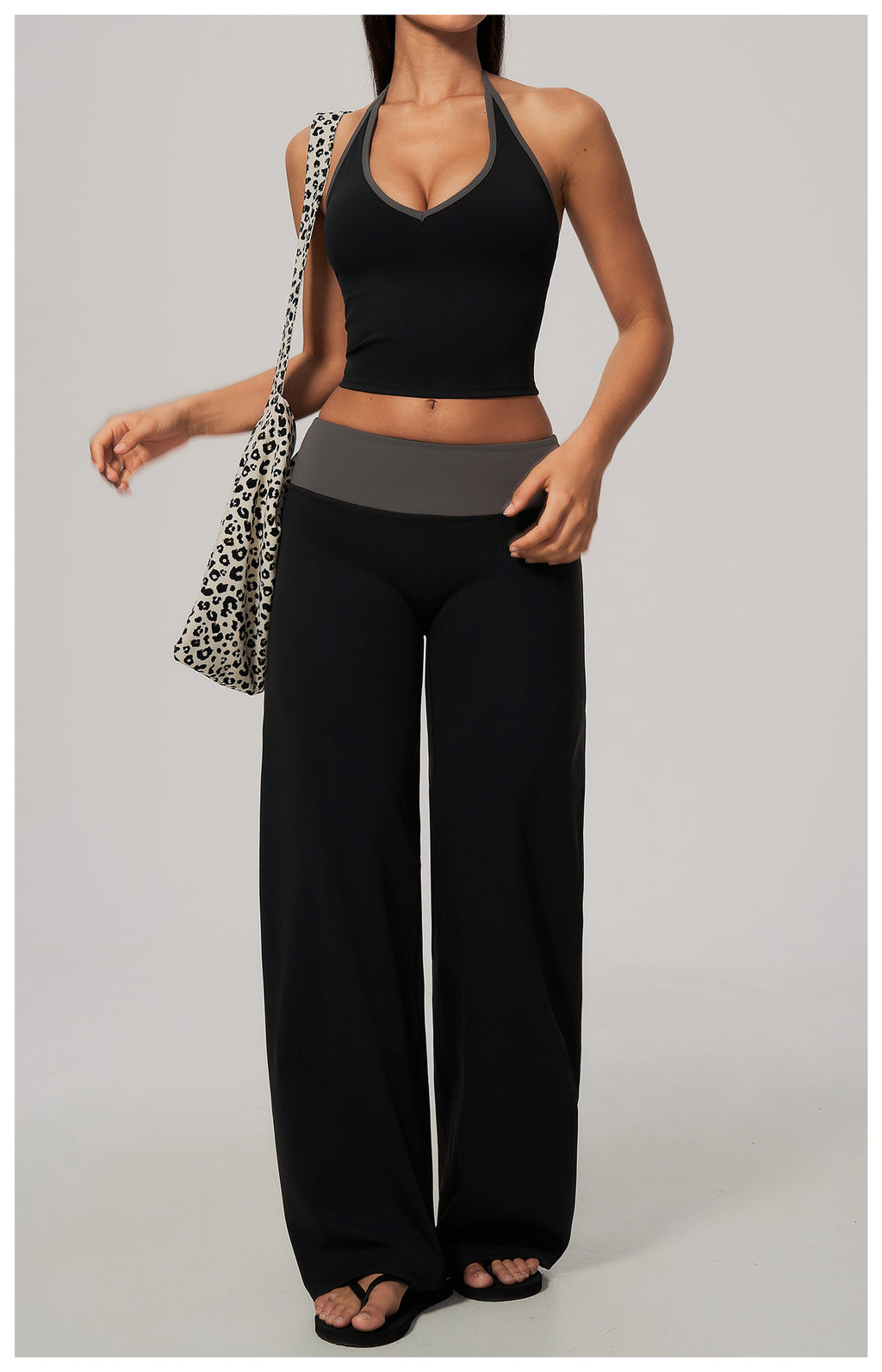 Women Two Piece Color Block Halter Yoga Set V Neck Crop Workout Top Wide Leg Yoga Pants