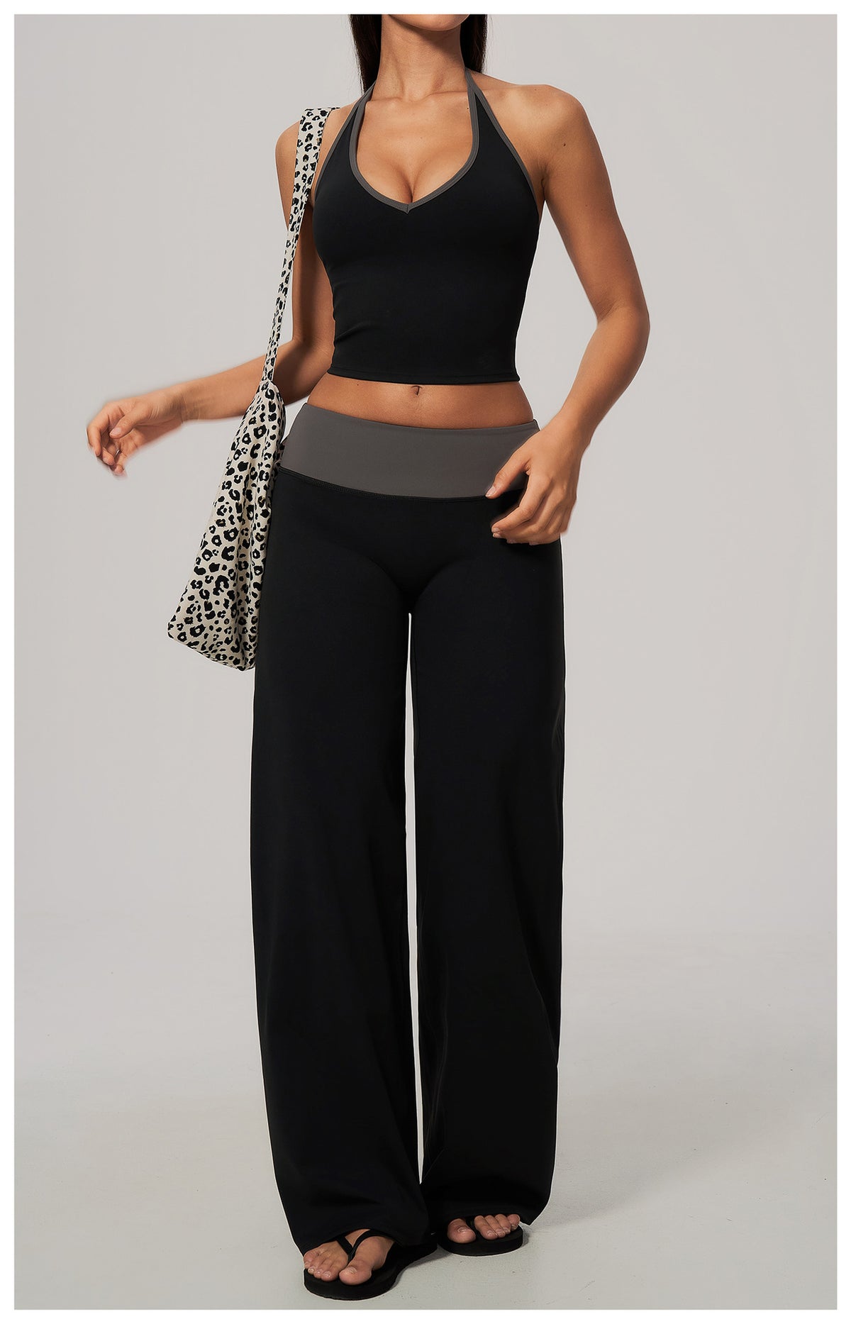 Women Two Piece Color Block Halter Yoga Set V Neck Crop Workout Top Wide Leg Yoga Pants