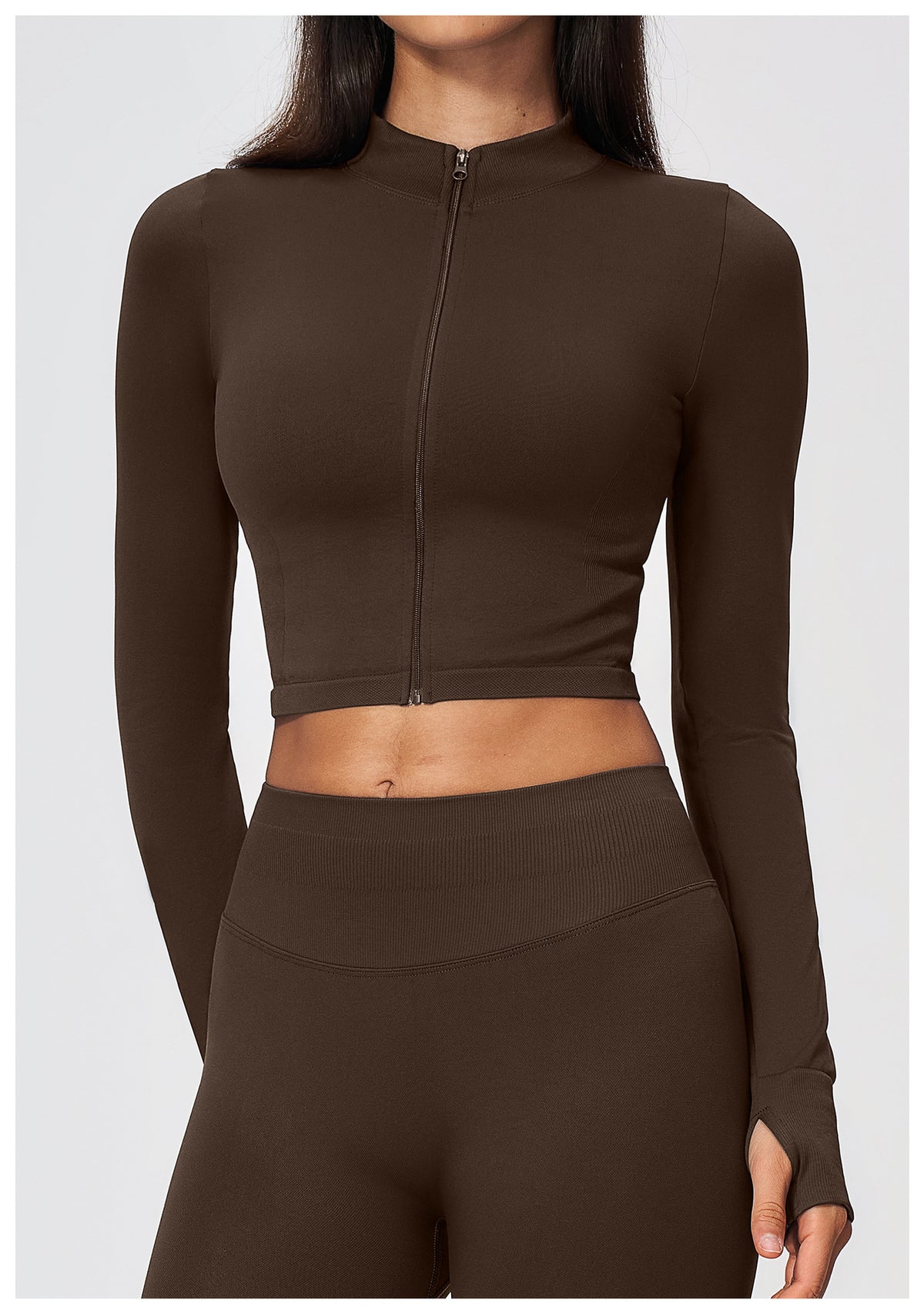 Women Seamless Stand Collar Full Zip Slim Fit Long Sleeve Thumb Hole Fitness Sports Jacket