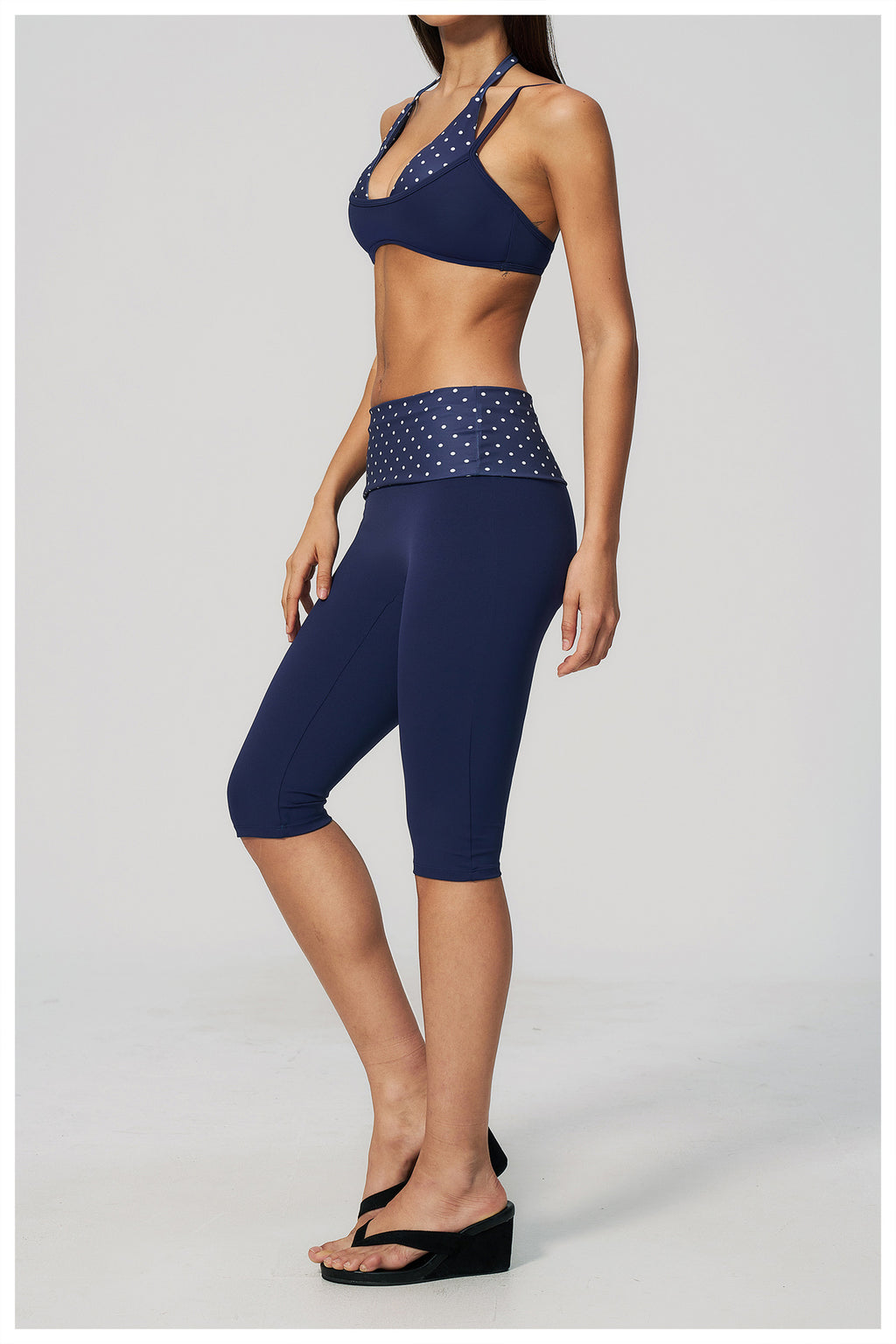 Women 2 Piece Yoga Set Halter Fake Two Piece Sports Bra and Fold Over Striped Waist Capri Yoga Leggings