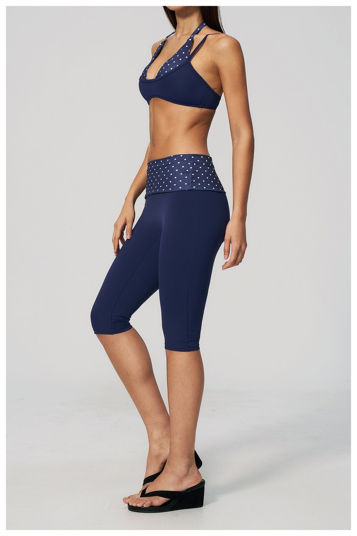 Women 2 Piece Yoga Set Halter Fake Two Piece Sports Bra and Fold Over Striped Waist Capri Yoga Leggings