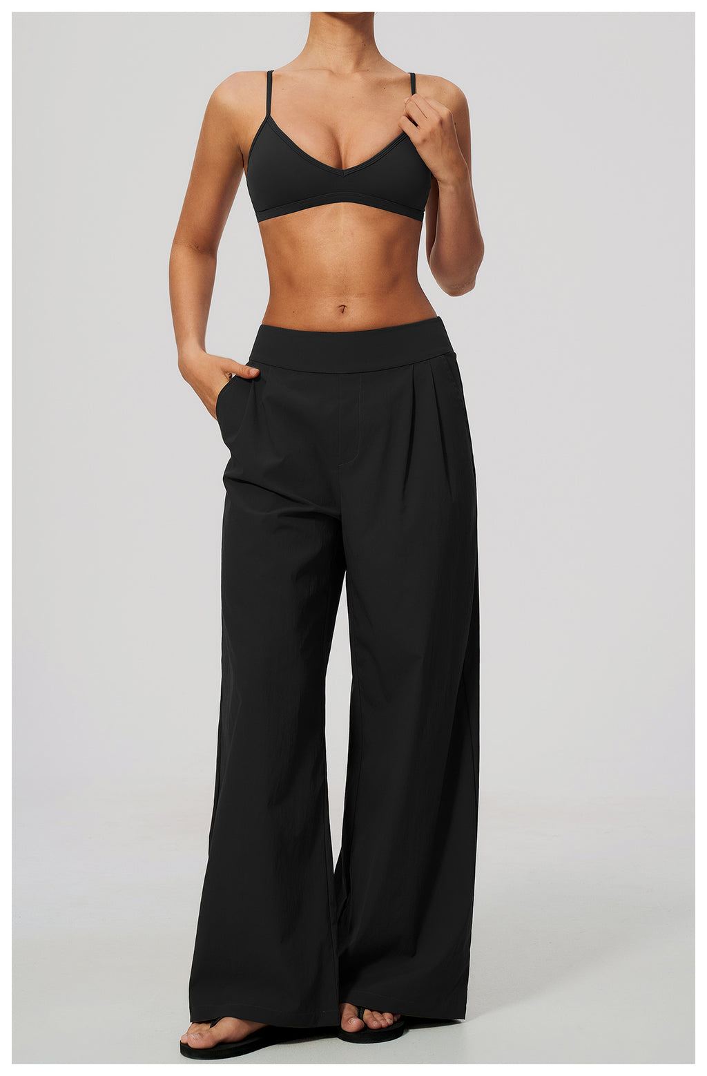 2 Piece Set Women V Neck Twist Back Adjustable Spaghetti Straps Sports Bra and High Waist Loose Casual Sports Wide Leg Pants