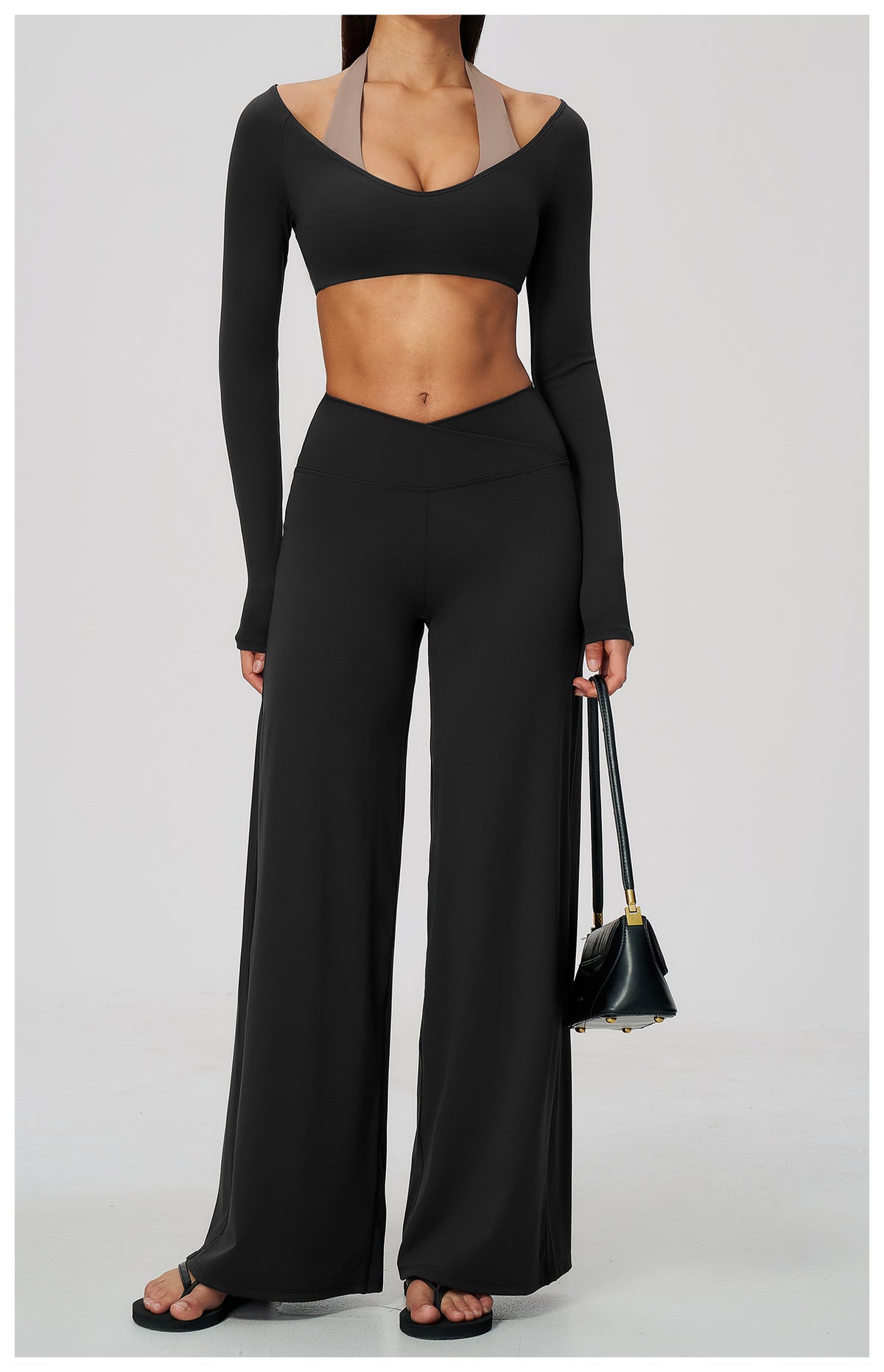 2 Piece Colorblock Halter Long Sleeve Cropped Yoga Top and Cross Waist Wide Leg Yoga Pants Set