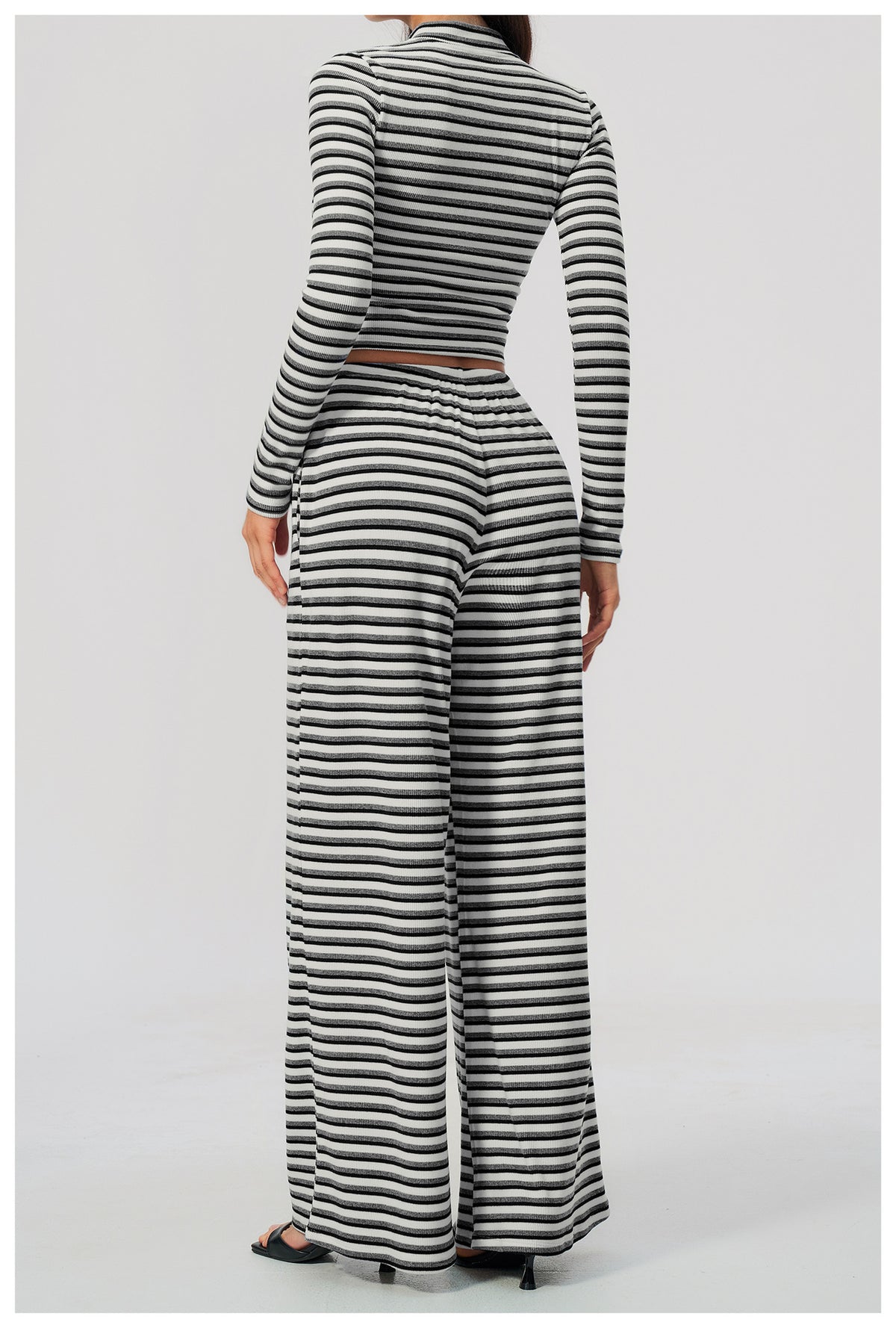 2 Piece Workout Loungewear Set Women Ribbed Striped Stand Collar Long Sleeve Cropped Zip up Jacket and Elastic Drawstring Waist Wide Leg Pants with Pocket