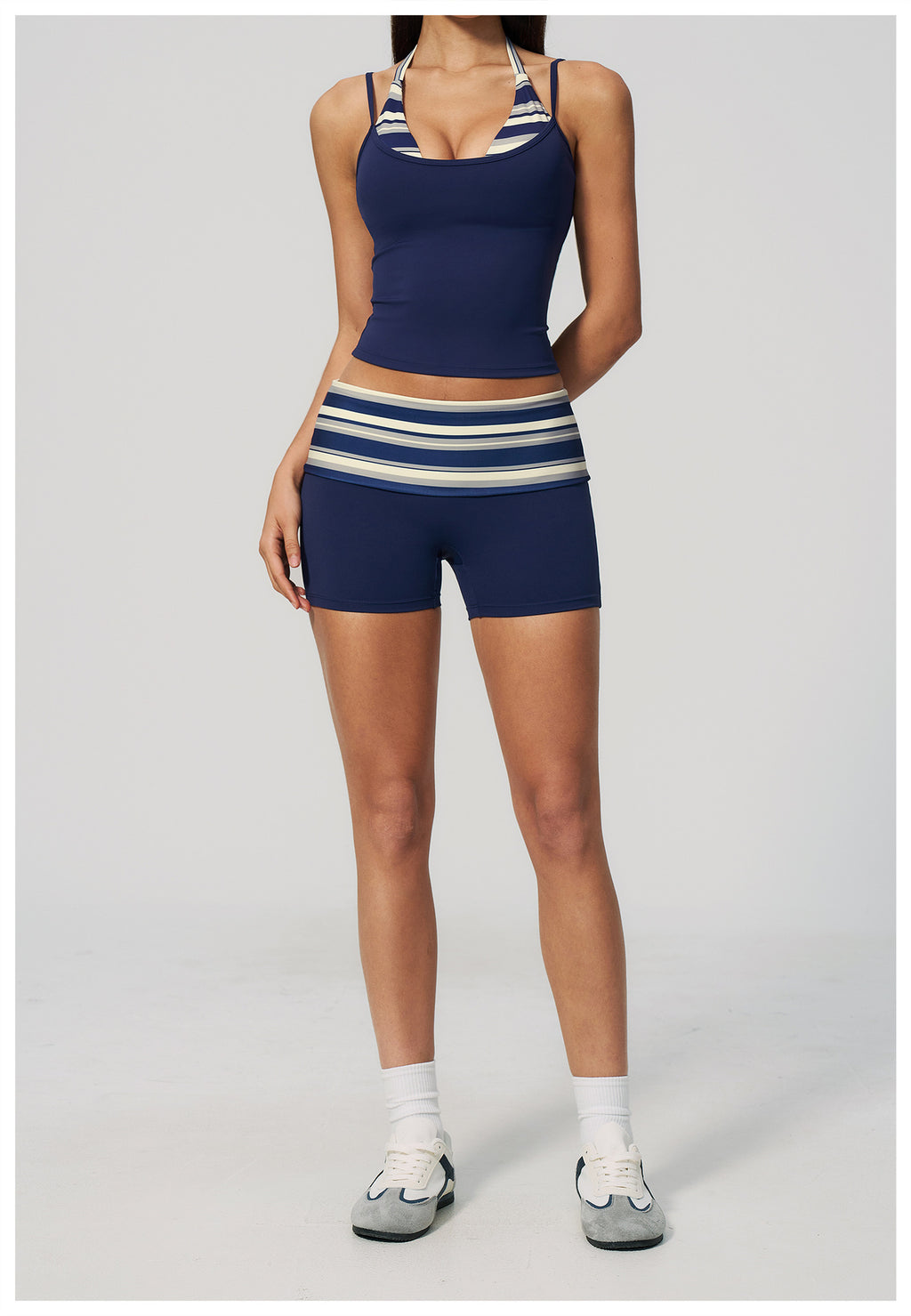 Women 2 Piece Yoga Set Halter Fake Two Piece Yoga Vest and Fold Over Striped Waist Biker Shorts