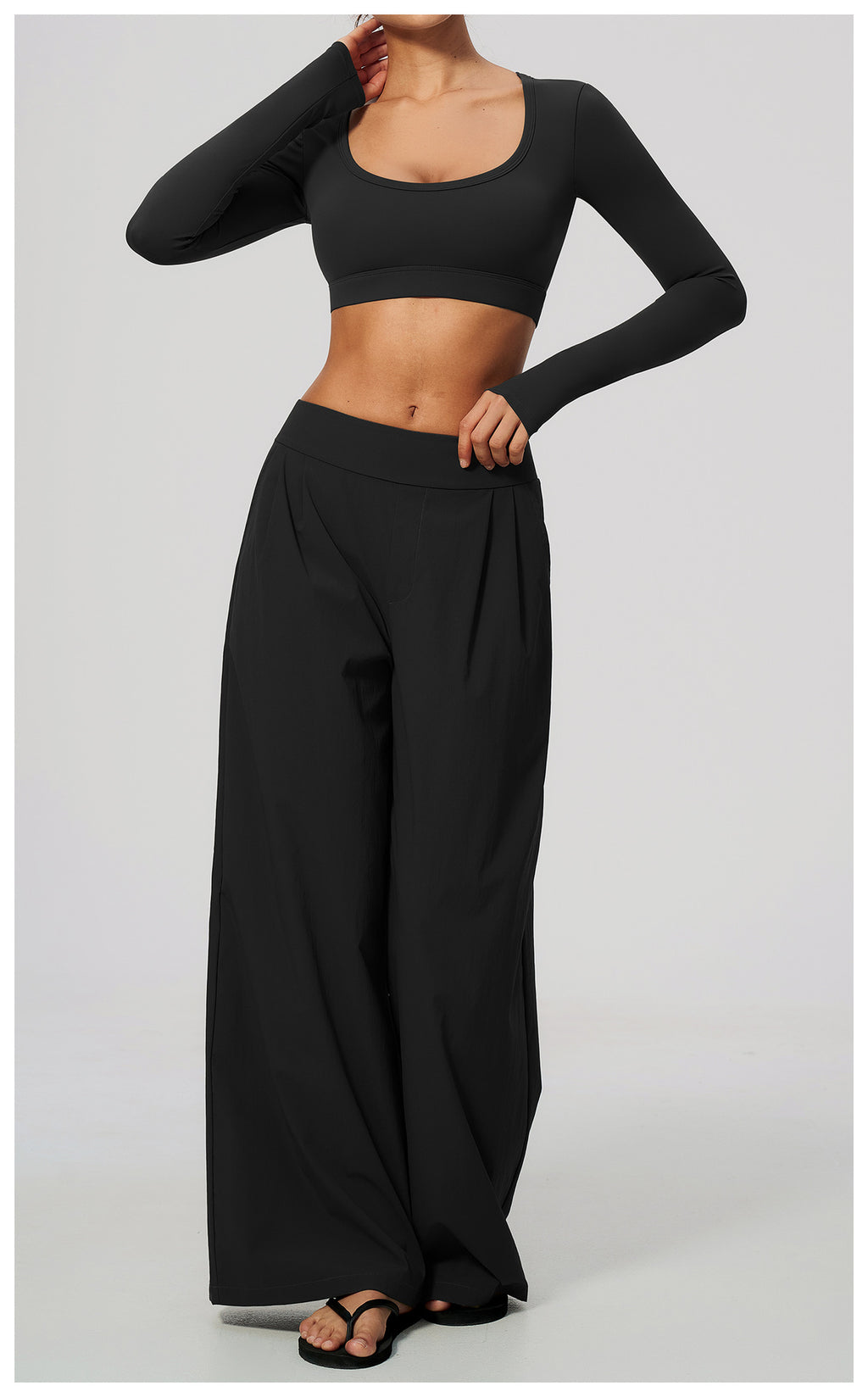 2 Piece Set Women U Neck Long Sleeve Short Workout Top with Removable Padded and High Waist Loose Casual Sports Wide Leg Pants