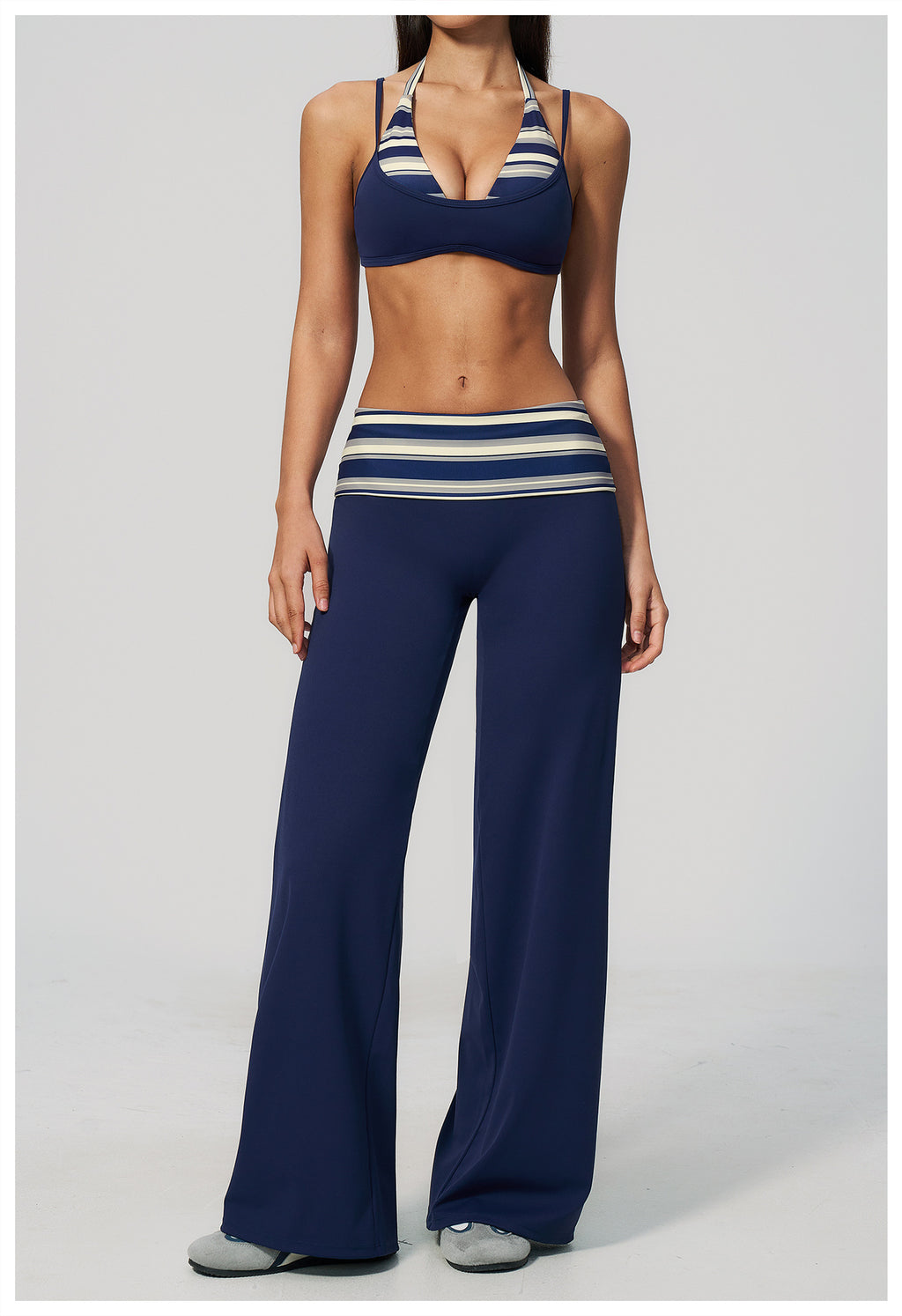 Women 2 Piece Yoga Set Halter Fake Two Piece Sports Bra and Fold Over Striped Waist Wide Leg Workout Pants
