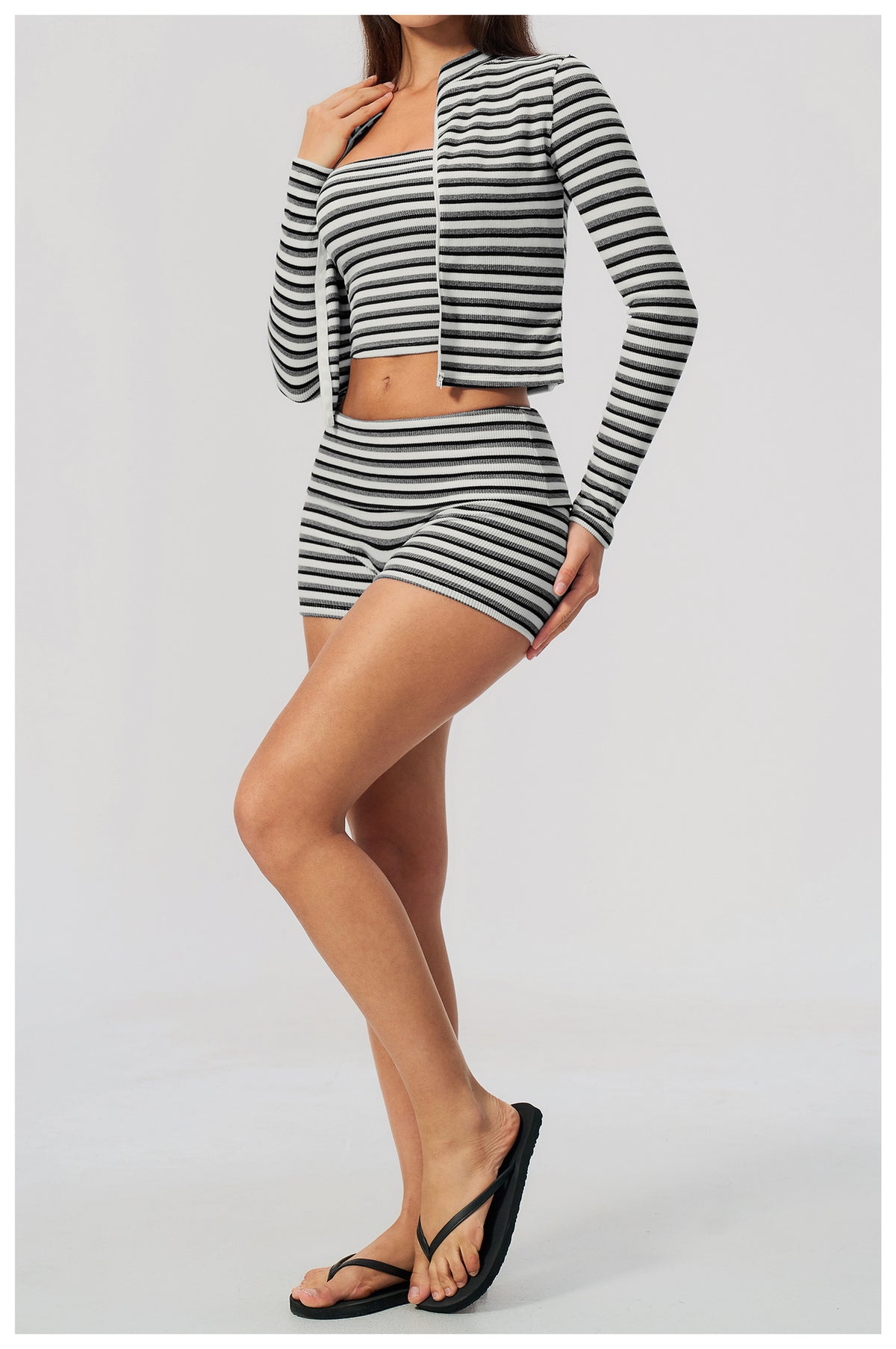 3 Piece Striped Yoga Set Long Sleeve Zip up Jacket Strapless Soft Tube Top Fold Over High Waist Yoga Biker Shorts Workout Outfit Gym Running Sports Activewear Set