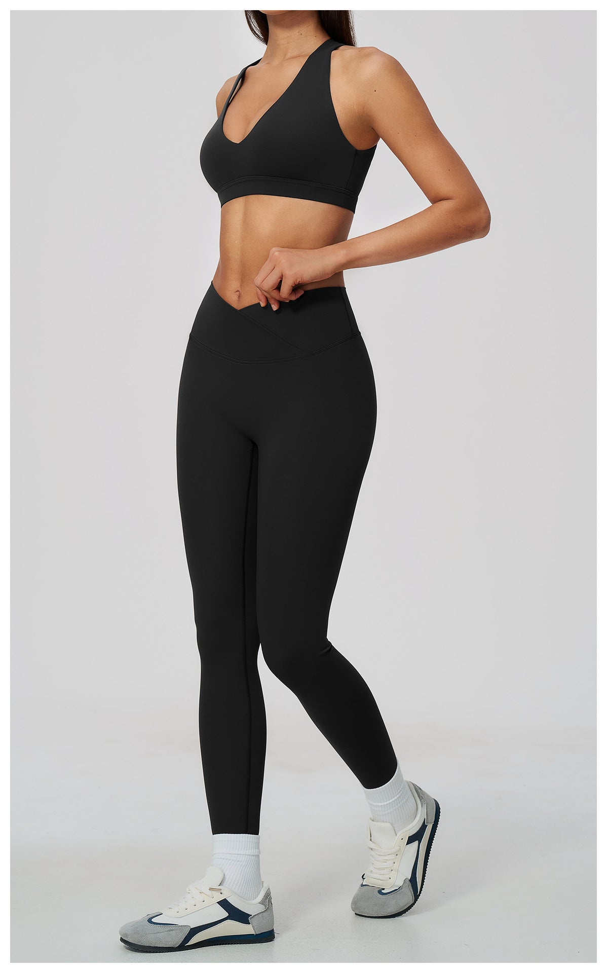 2 Piece Deep V-Neck Sports Bra and Cross Waist Yoga Leggings Set