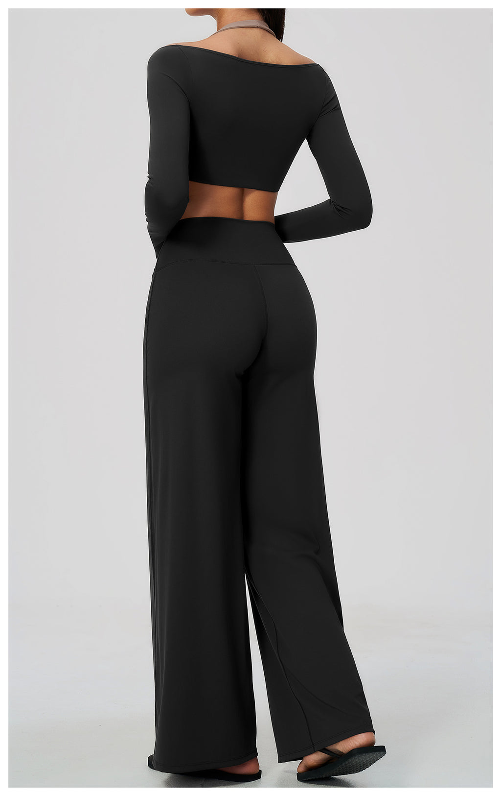 2 Piece Colorblock Halter Long Sleeve Cropped Yoga Top and Cross Waist Wide Leg Yoga Pants Set