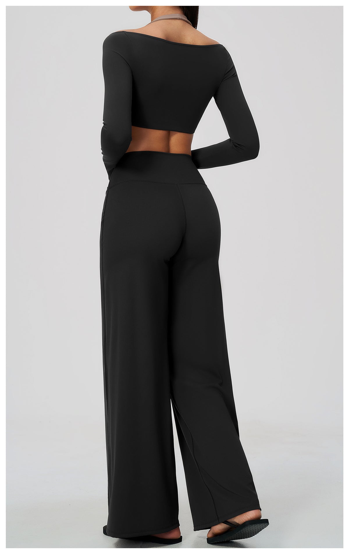 2 Piece Colorblock Halter Long Sleeve Cropped Yoga Top and Cross Waist Wide Leg Yoga Pants Set