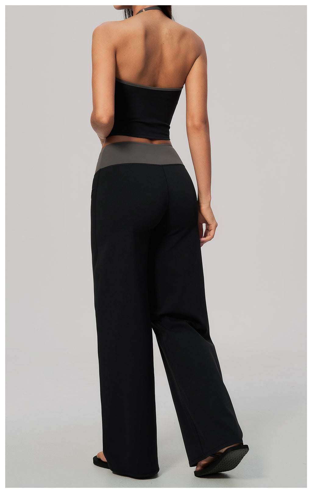 Women Two Piece Color Block Halter Yoga Set V Neck Crop Workout Top Wide Leg Yoga Pants