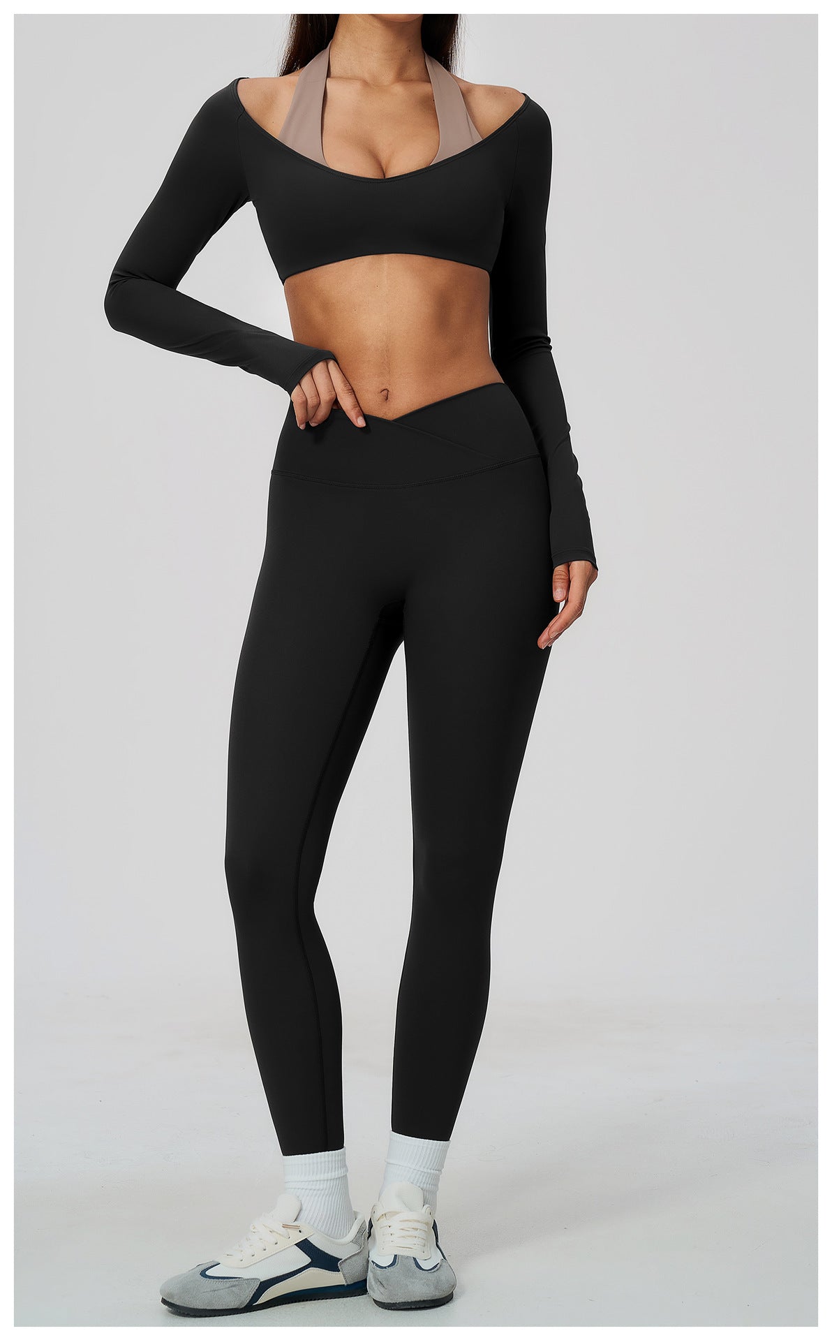 2 Piece Colorblock Halter Long Sleeve Cropped Yoga Top and Cross Waist Yoga Leggings Set