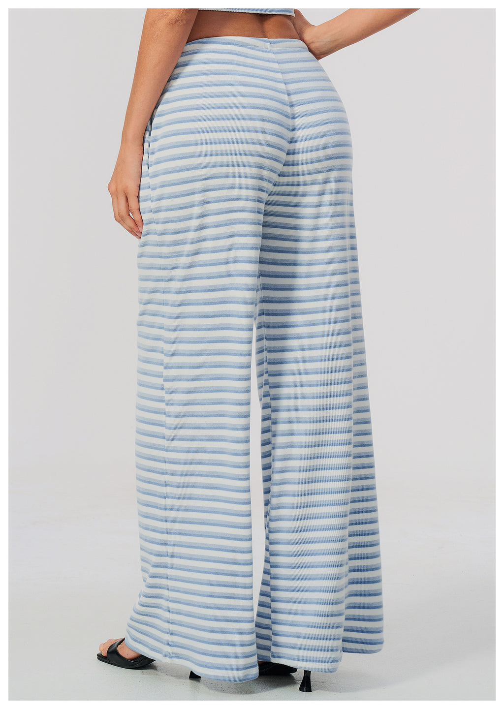 Women Ribbed Striped Wide Leg Pants Elastic Drawstring Waist Casual Loose Trousers With Pockets