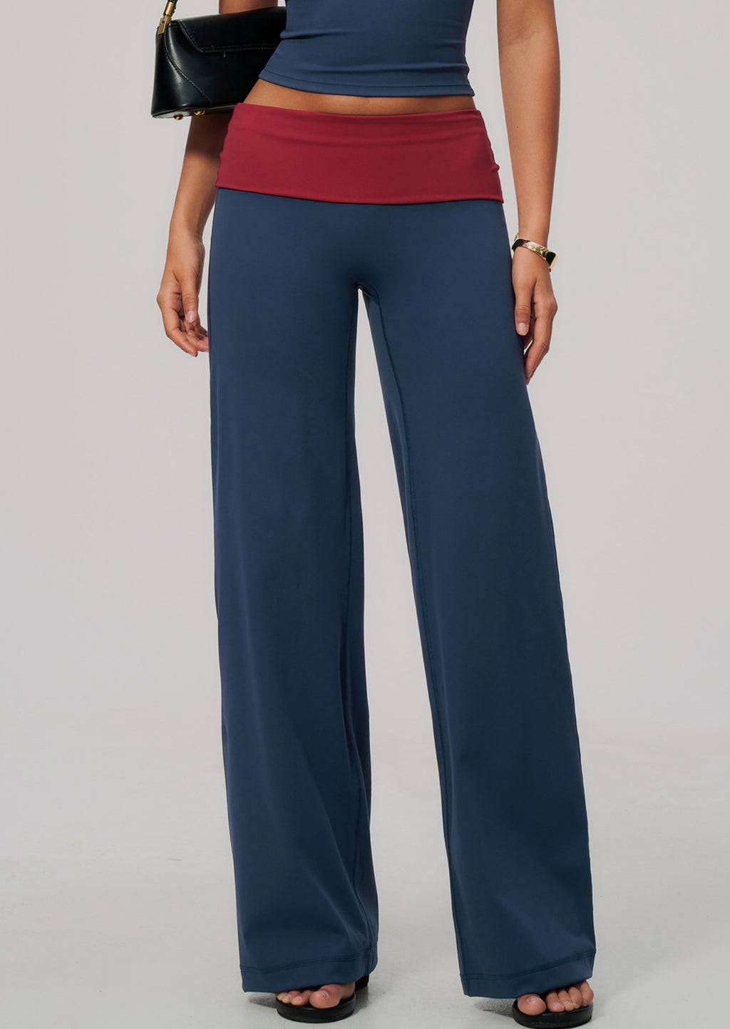 Women Colorblock Foldover Waist High-Rise Loose Wide Leg Yoga Pants