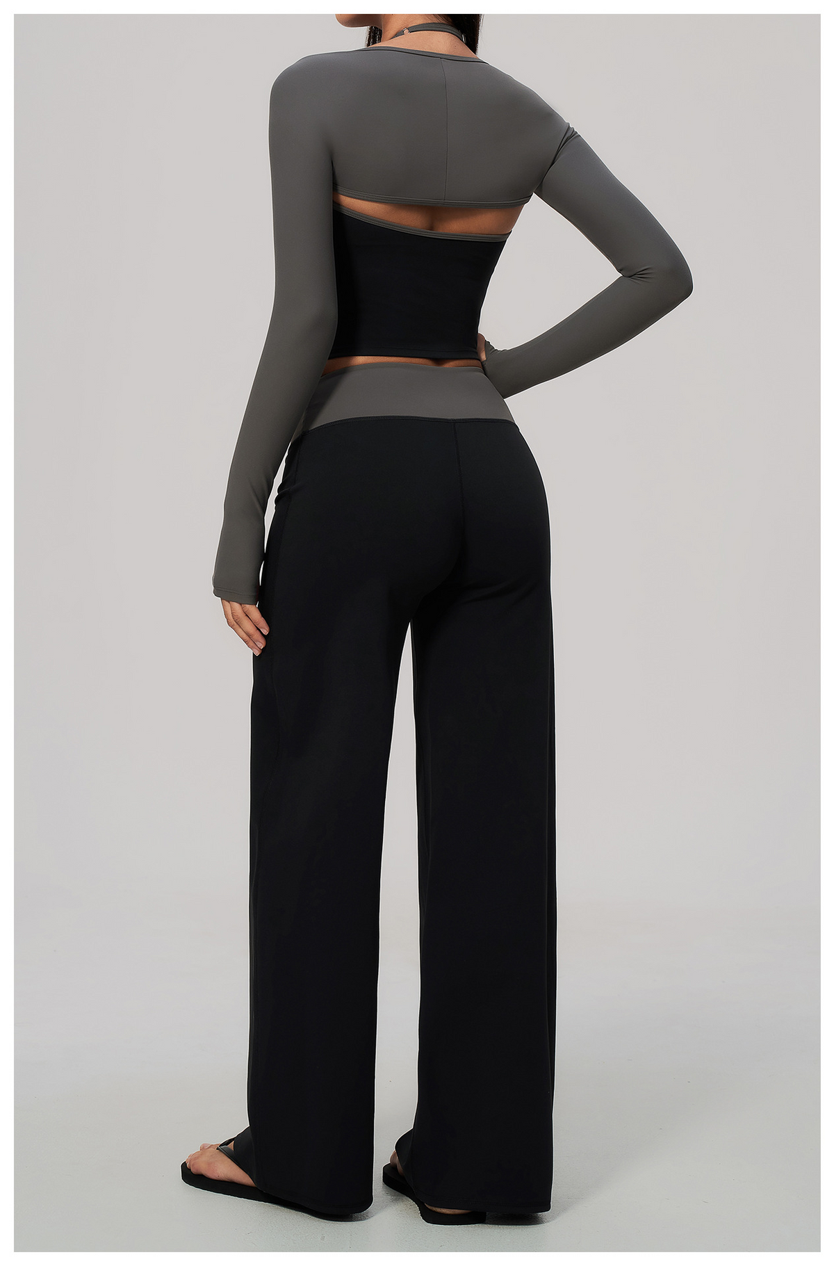 Women 3 Piece Contrast Color Halter Neck Yoga Set Long Sleeve Shrug V Neck Yoga Vest Wide Leg Pants