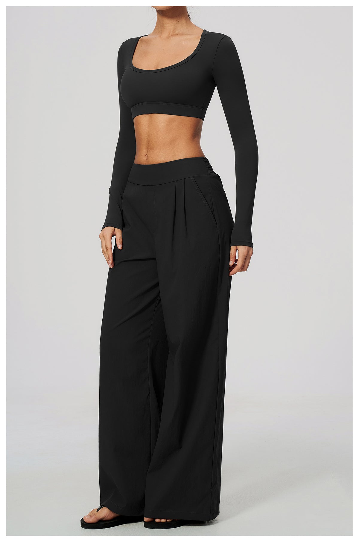2 Piece Set Women U Neck Long Sleeve Short Workout Top with Removable Padded and High Waist Loose Casual Sports Wide Leg Pants