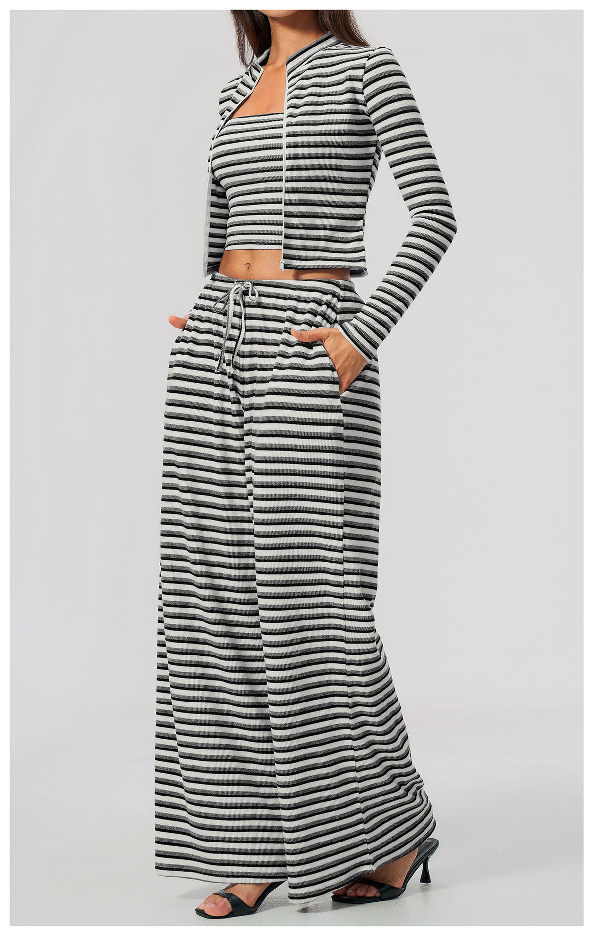 3 Piece Striped Yoga Set Long Sleeve Zip up Jacket Strapless Soft Tube Top Elastic Drawstring Waist Wide Leg Pants Workout Outfit Gym Running Sports Activewear Set