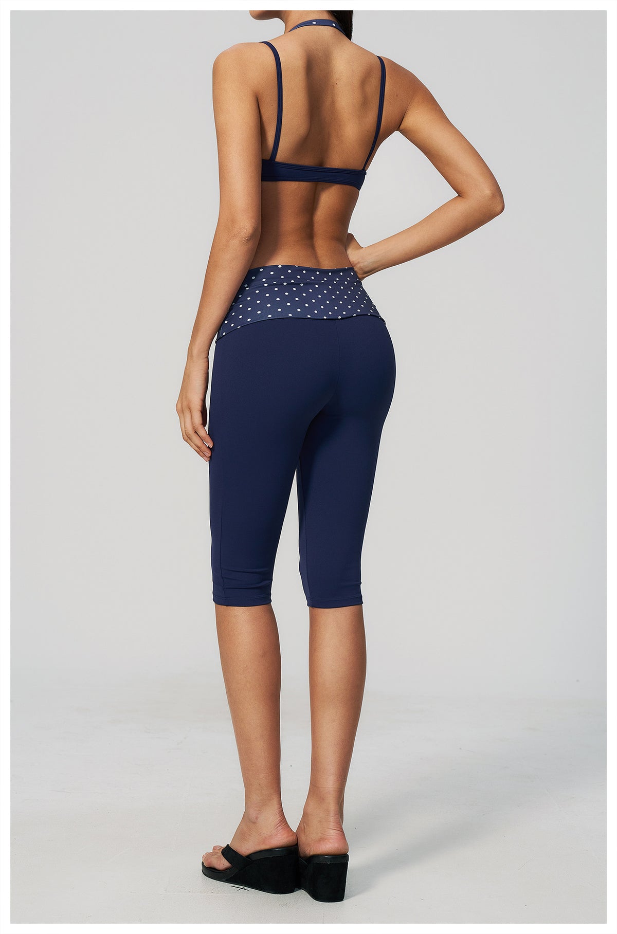 Women 2 Piece Yoga Set Halter Fake Two Piece Sports Bra and Fold Over Striped Waist Capri Yoga Leggings