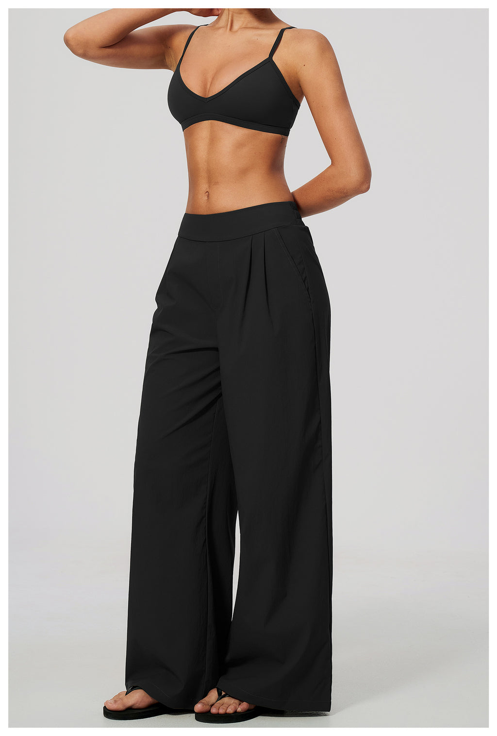 2 Piece Set Women V Neck Twist Back Adjustable Spaghetti Straps Sports Bra and High Waist Loose Casual Sports Wide Leg Pants