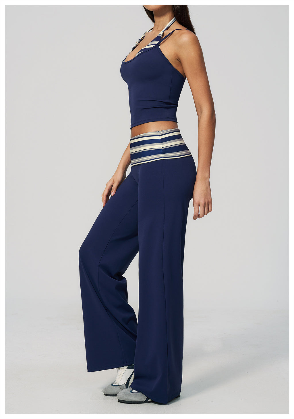 Women 2 Piece Yoga Set Halter Fake Two Piece Yoga Vest and Fold Over Striped Waist Wide Leg Workout Pants